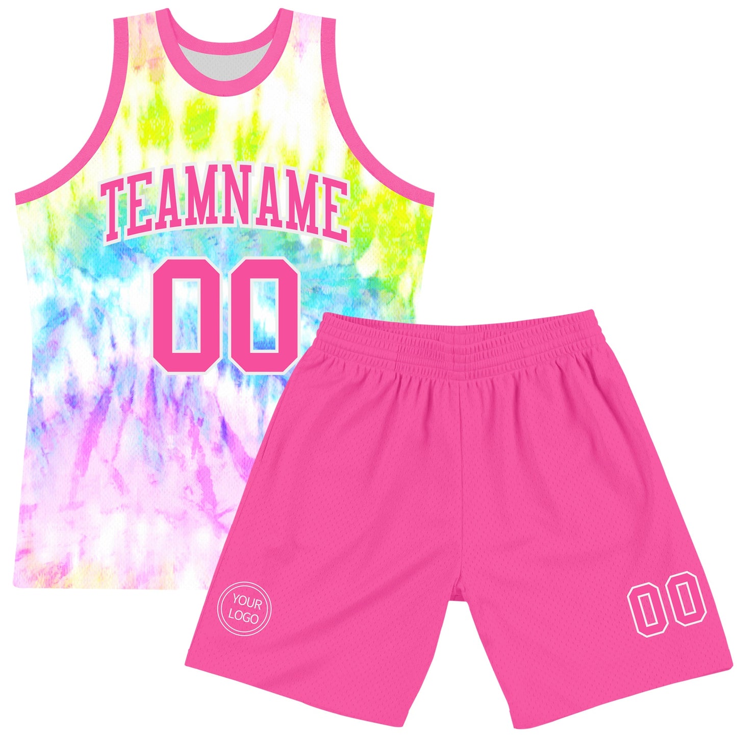 Custom Tie Dye Pink-White Round Neck Sublimation Basketball Set Jersey view 2