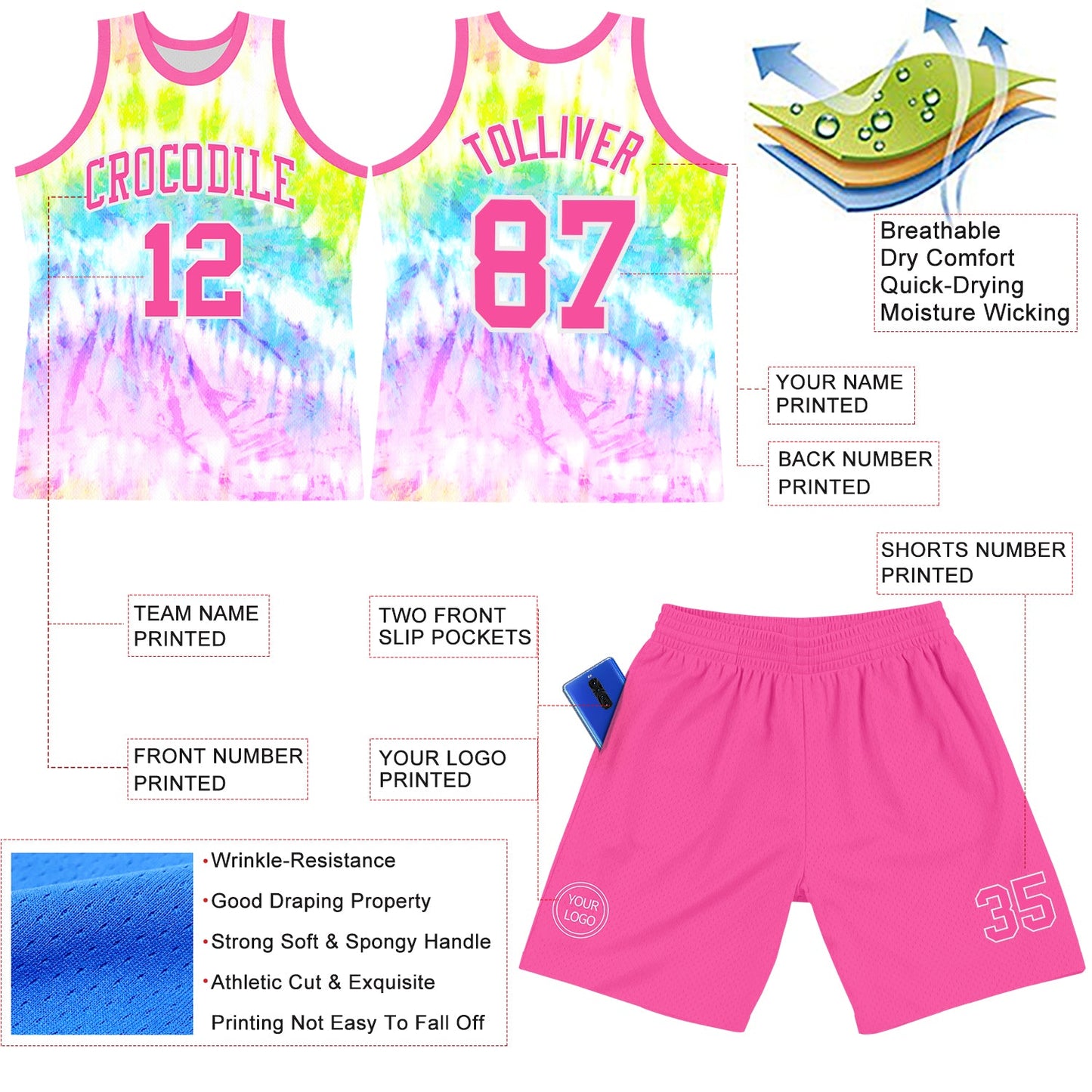 Custom Tie Dye Pink-White Round Neck Sublimation Basketball Set Jersey view 3