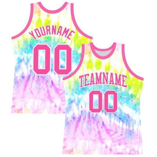 Custom Tie Dye Pink-White Round Neck Sublimation Basketball Set Jersey - Main View