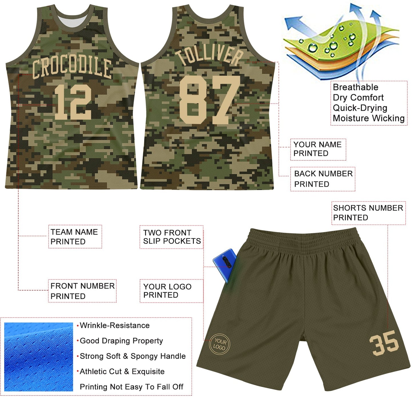 Custom Camo Vegas Gold-Olive Round Neck Sublimation Salute To Service Basketball Set Jersey view 3