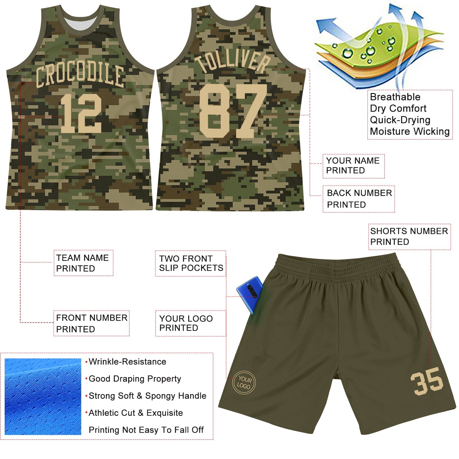 Custom Camo Vegas Gold-Olive Round Neck Sublimation Salute To Service Basketball Set Jersey view 3
