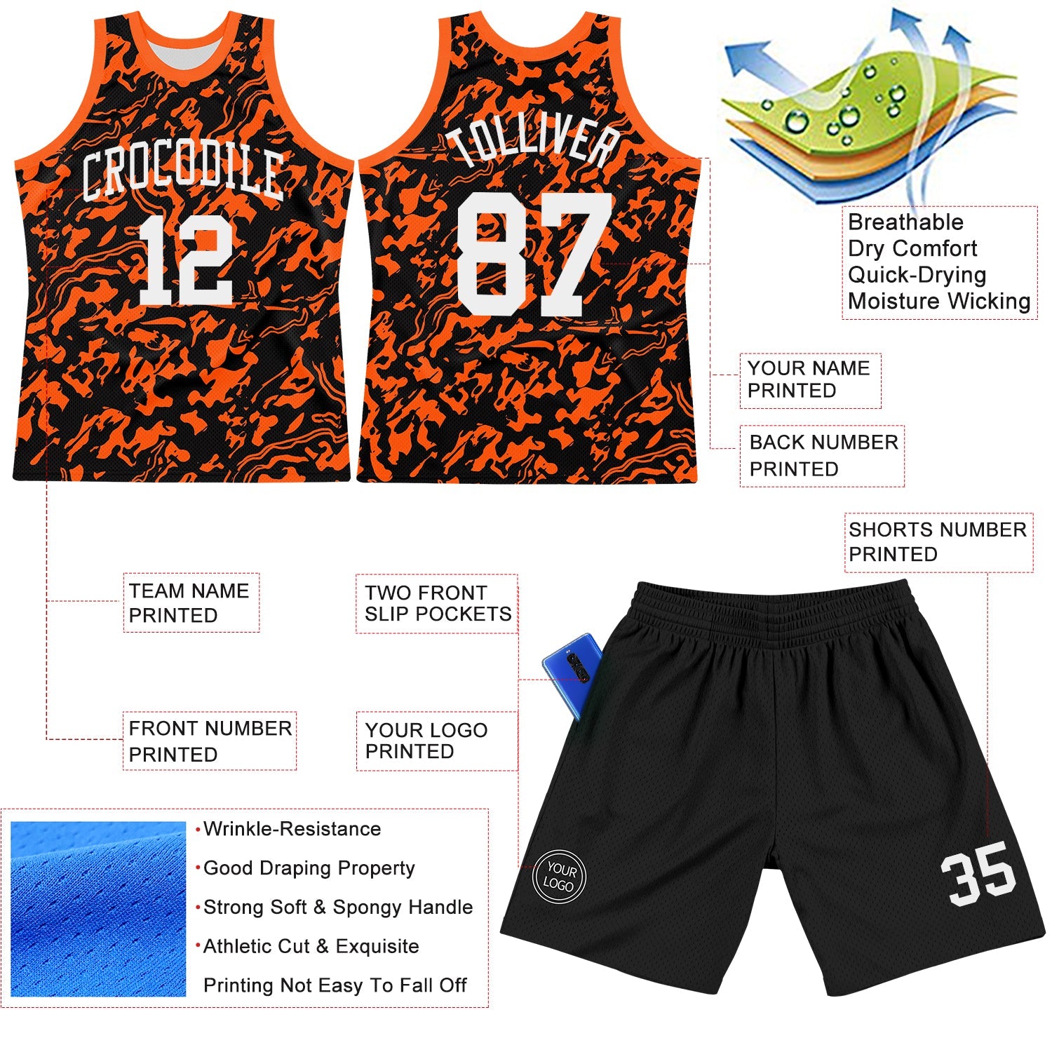 Custom Black White-Orange Fluid Art Round Neck Sublimation Basketball Set Jersey view 3