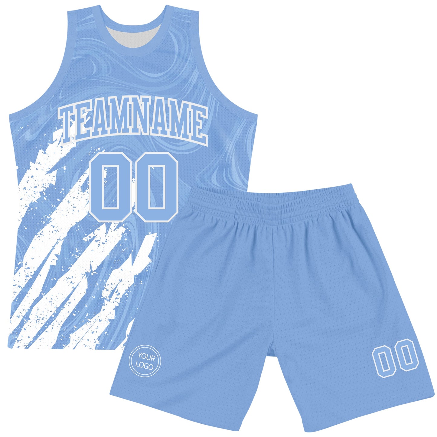 Custom Light Blue White Splash Round Neck Sublimation Basketball Set Jersey view 2
