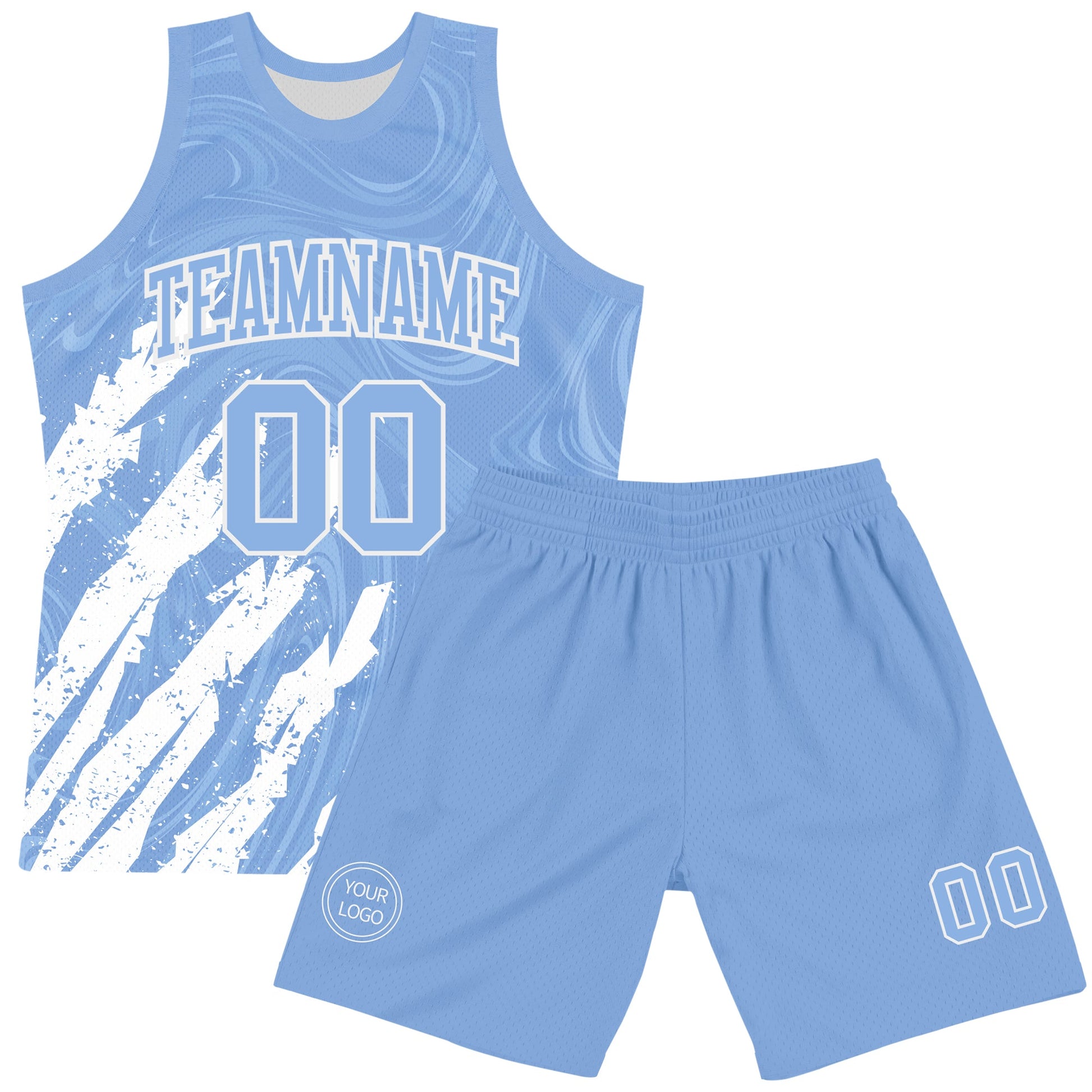 Custom Light Blue White Splash Round Neck Sublimation Basketball Set Jersey view 2