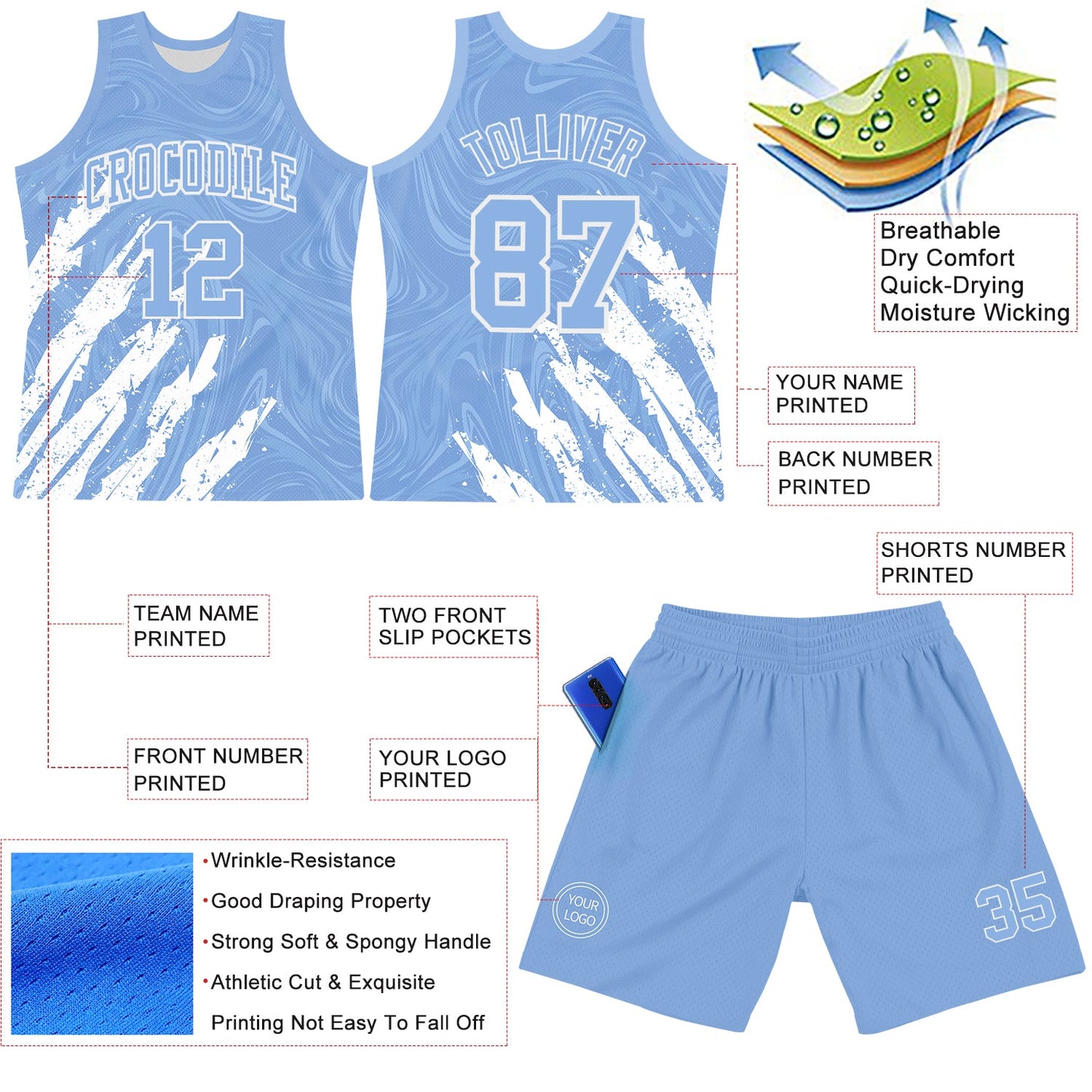 Custom Light Blue White Splash Round Neck Sublimation Basketball Set Jersey view 3