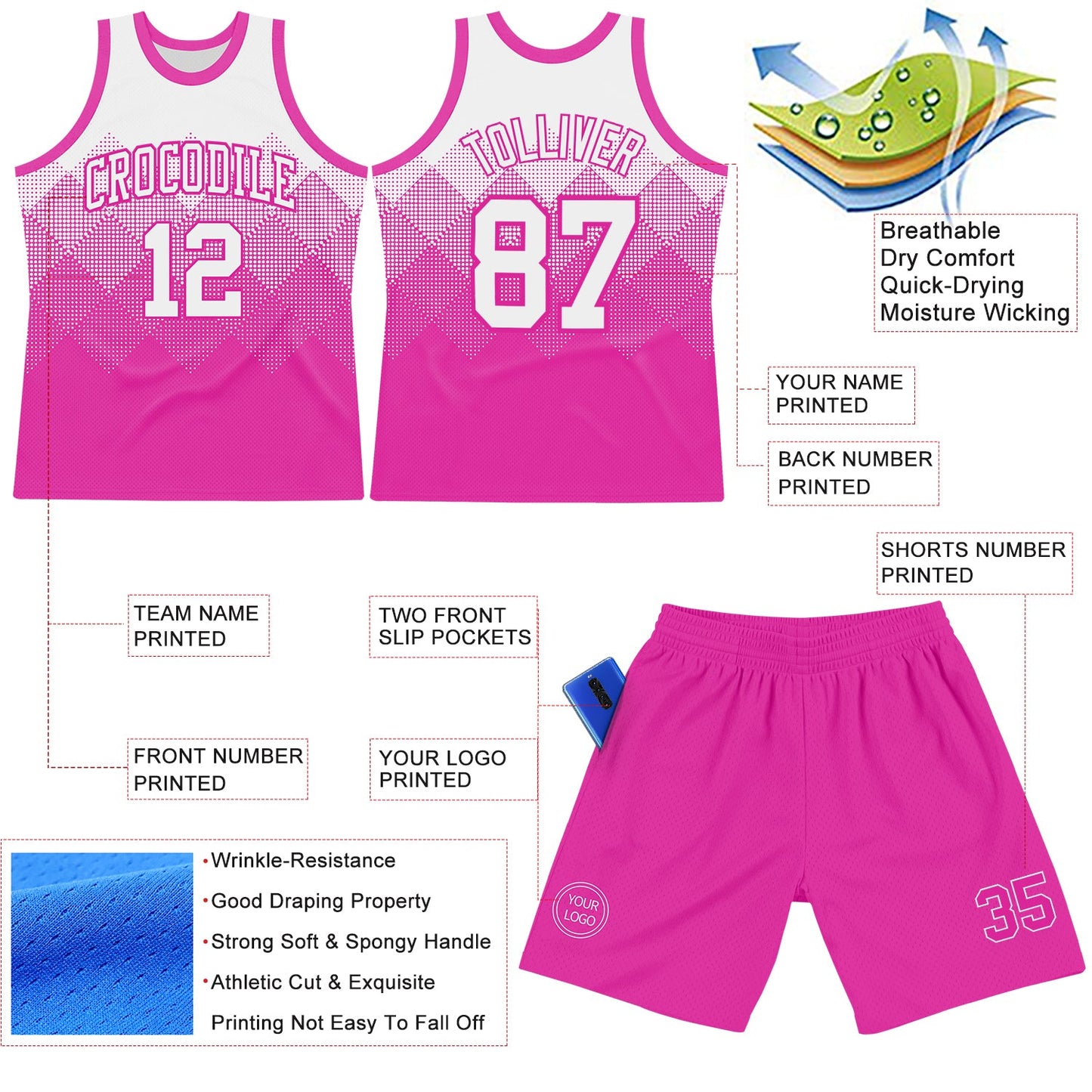 Custom White Deep Pink Gradient Square Shapes Round Neck Sublimation Basketball Set Jersey view 3