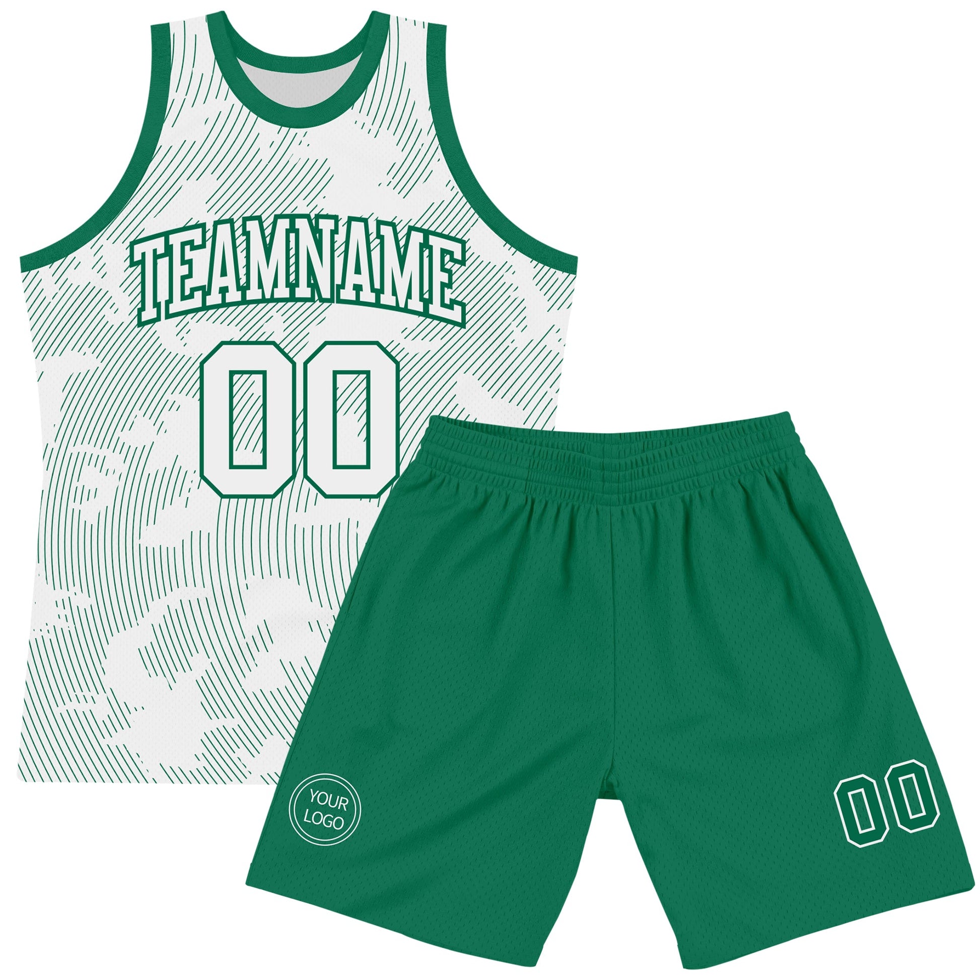 Custom White Kelly Green Curve Lines Round Neck Sublimation Basketball Set Jersey view 2