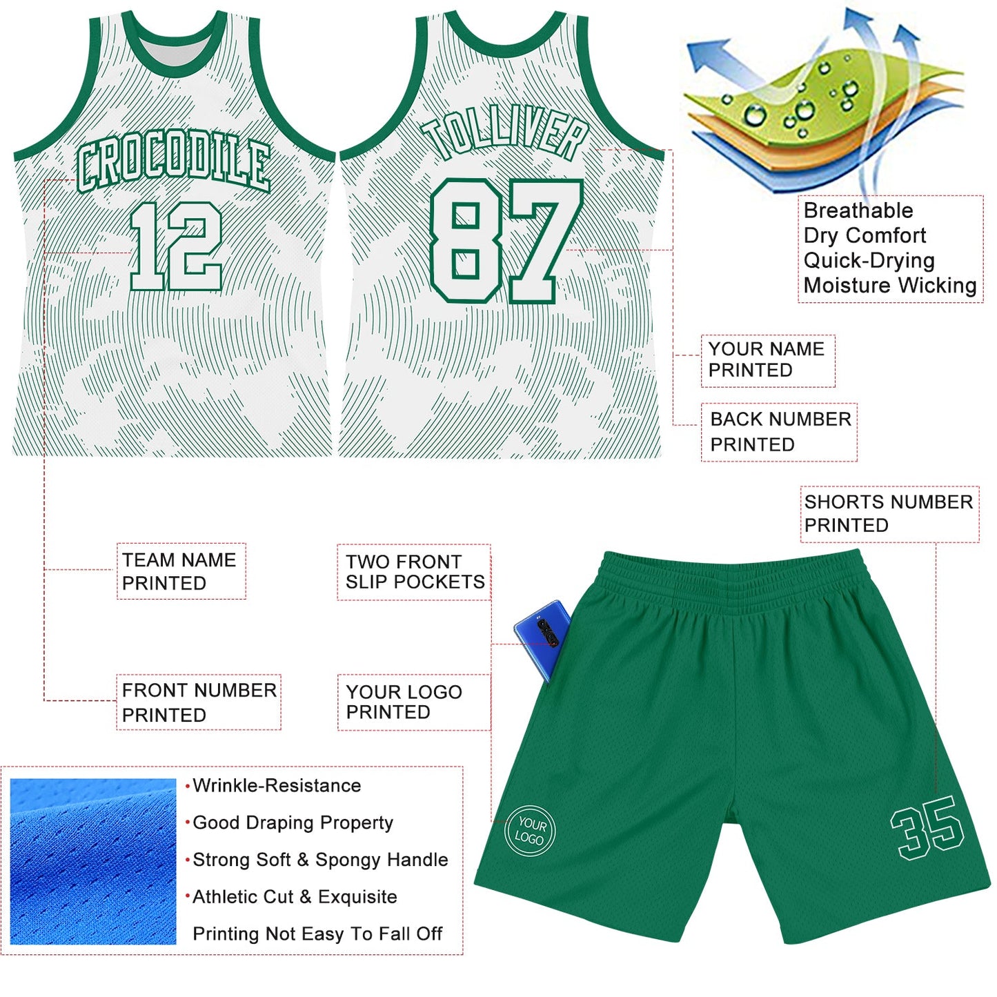 Custom White Kelly Green Curve Lines Round Neck Sublimation Basketball Set Jersey view 3
