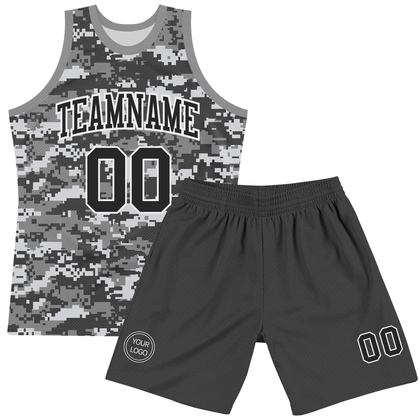 Custom Camo Black-White Round Neck Sublimation Salute To Service Basketball Set Jersey view 2