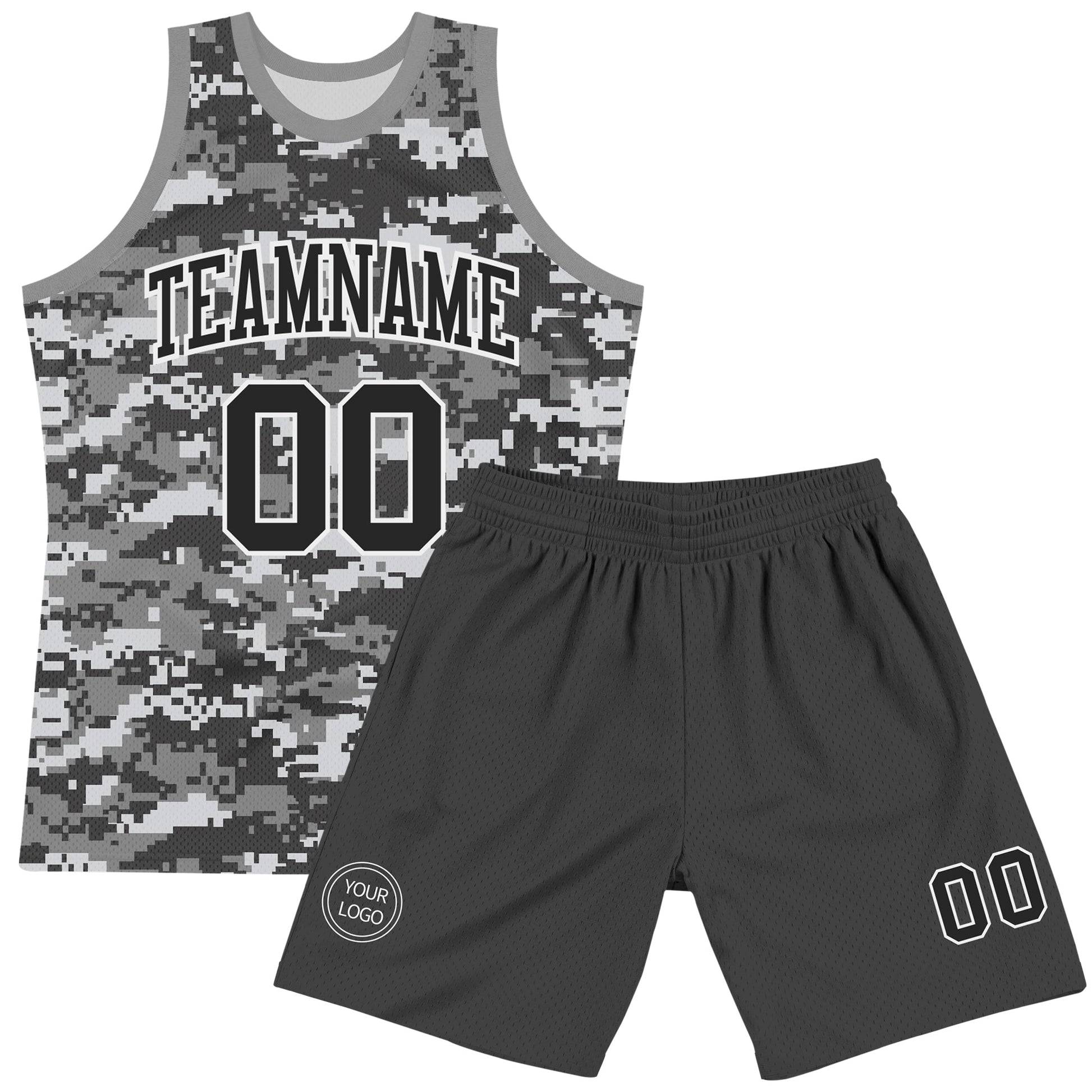 Custom Camo Black-White Round Neck Sublimation Salute To Service Basketball Set Jersey view 2
