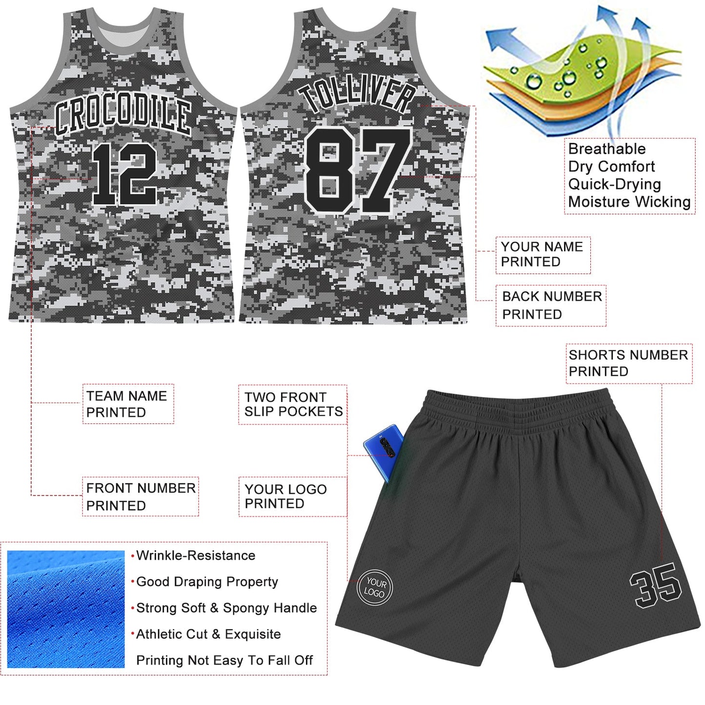 Custom Camo Black-White Round Neck Sublimation Salute To Service Basketball Set Jersey view 3
