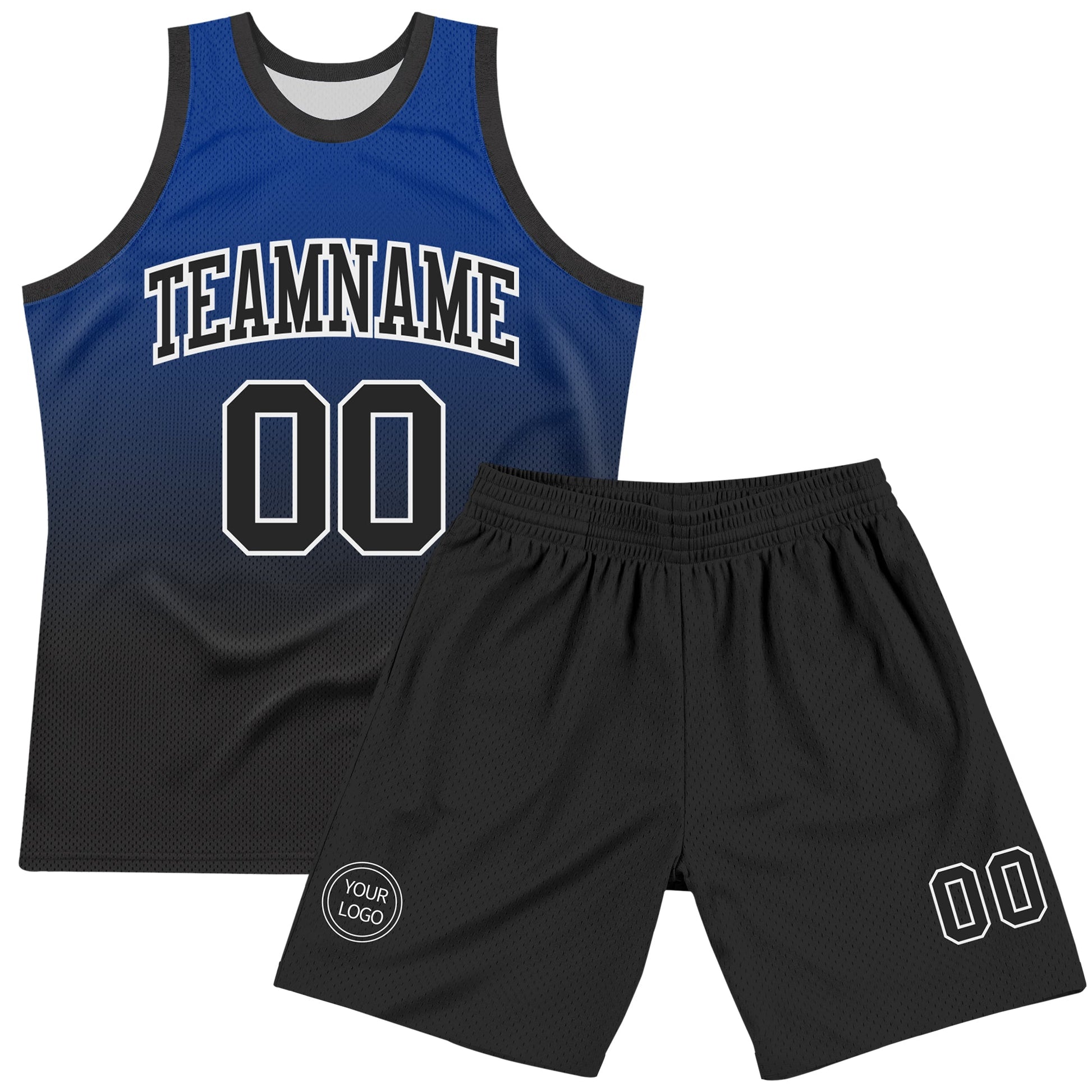 Custom Royal Black-White Fade Fashion Round Neck Sublimation Basketball Set Jersey view 2