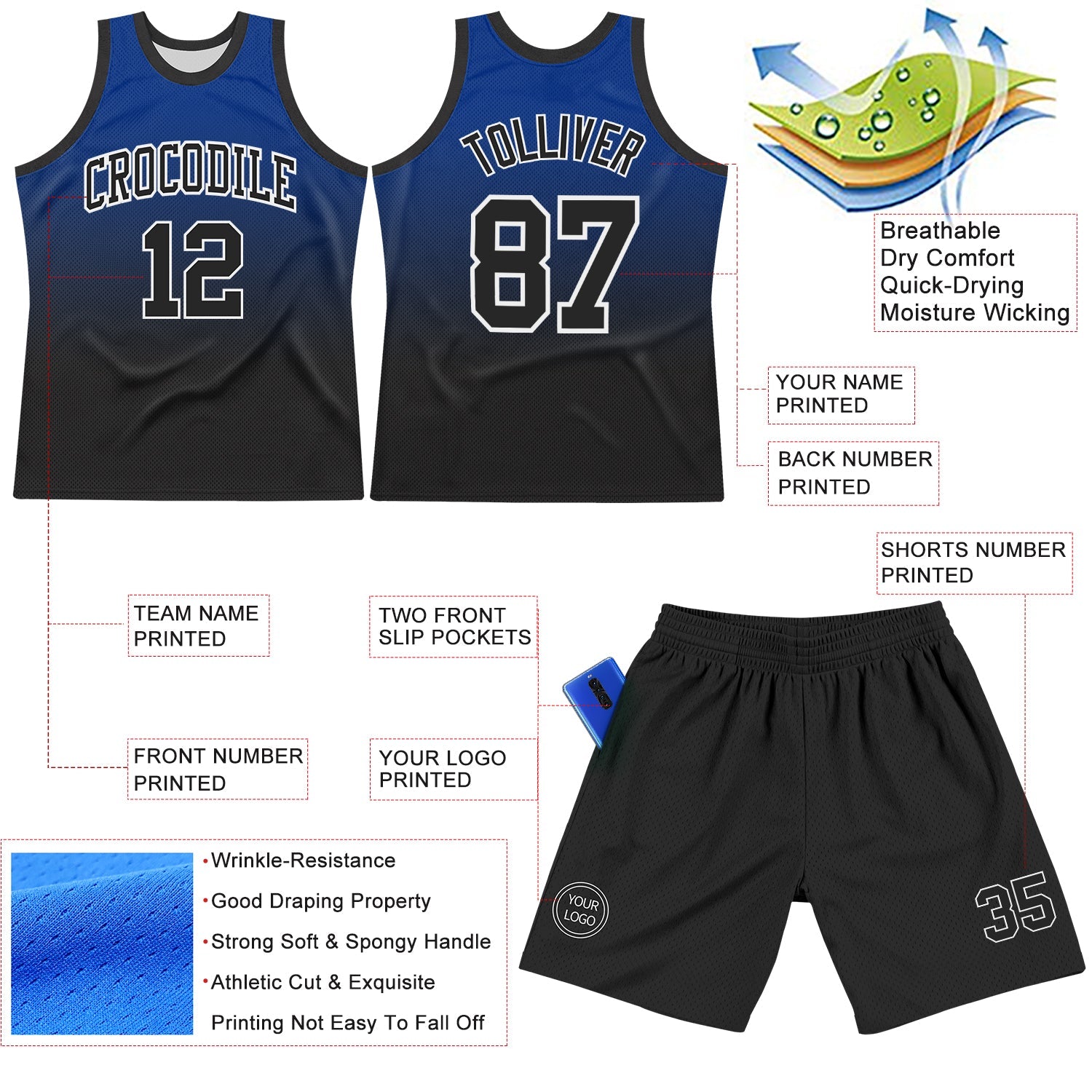 Custom Royal Black-White Fade Fashion Round Neck Sublimation Basketball Set Jersey view 3