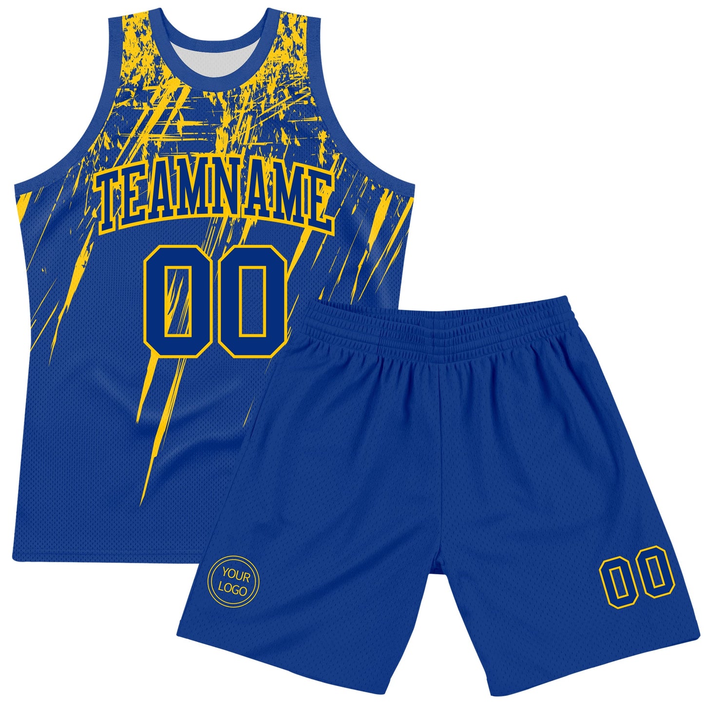 Custom Royal Yellow Splash Round Neck Sublimation Basketball Set Jersey view 2
