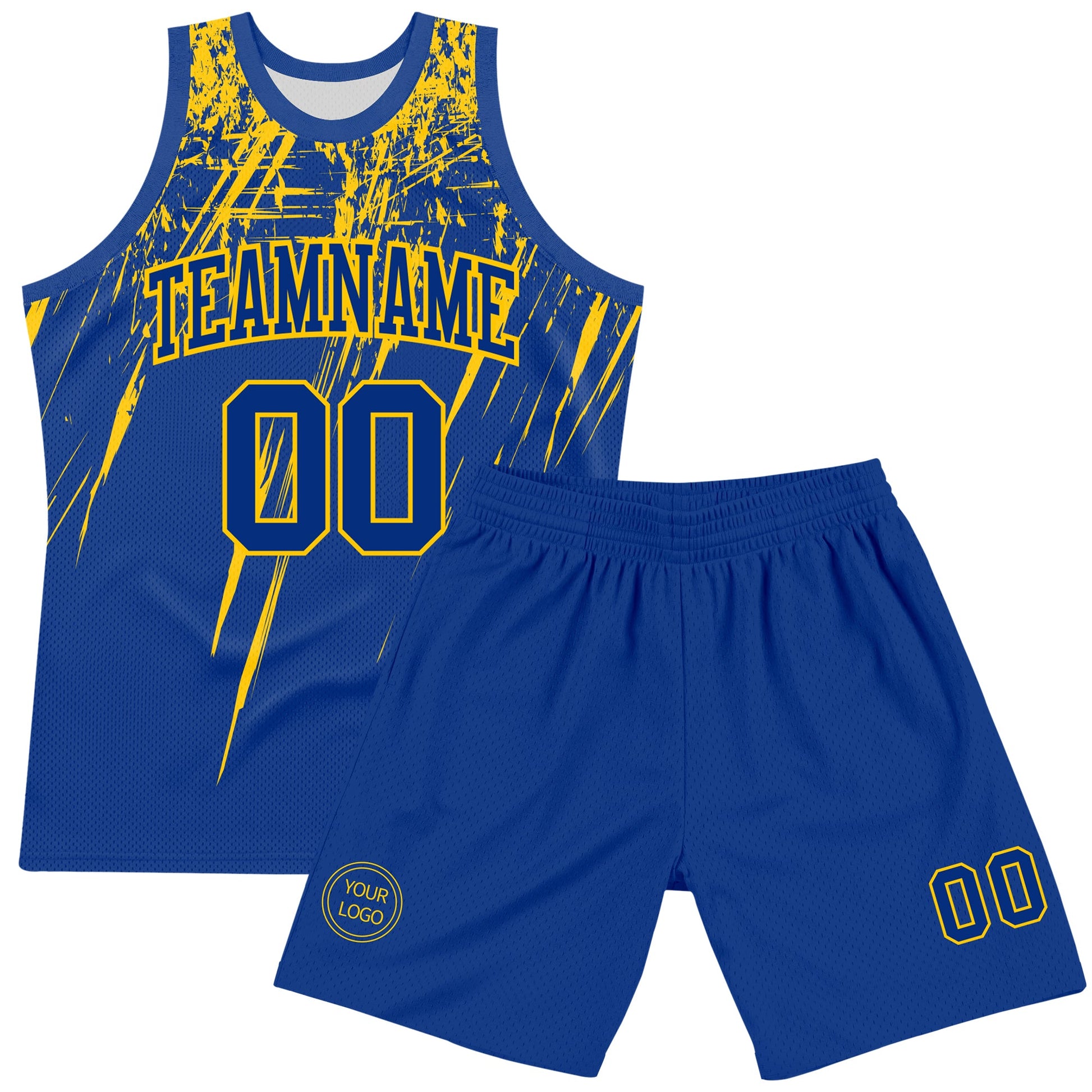 Custom Royal Yellow Splash Round Neck Sublimation Basketball Set Jersey view 2