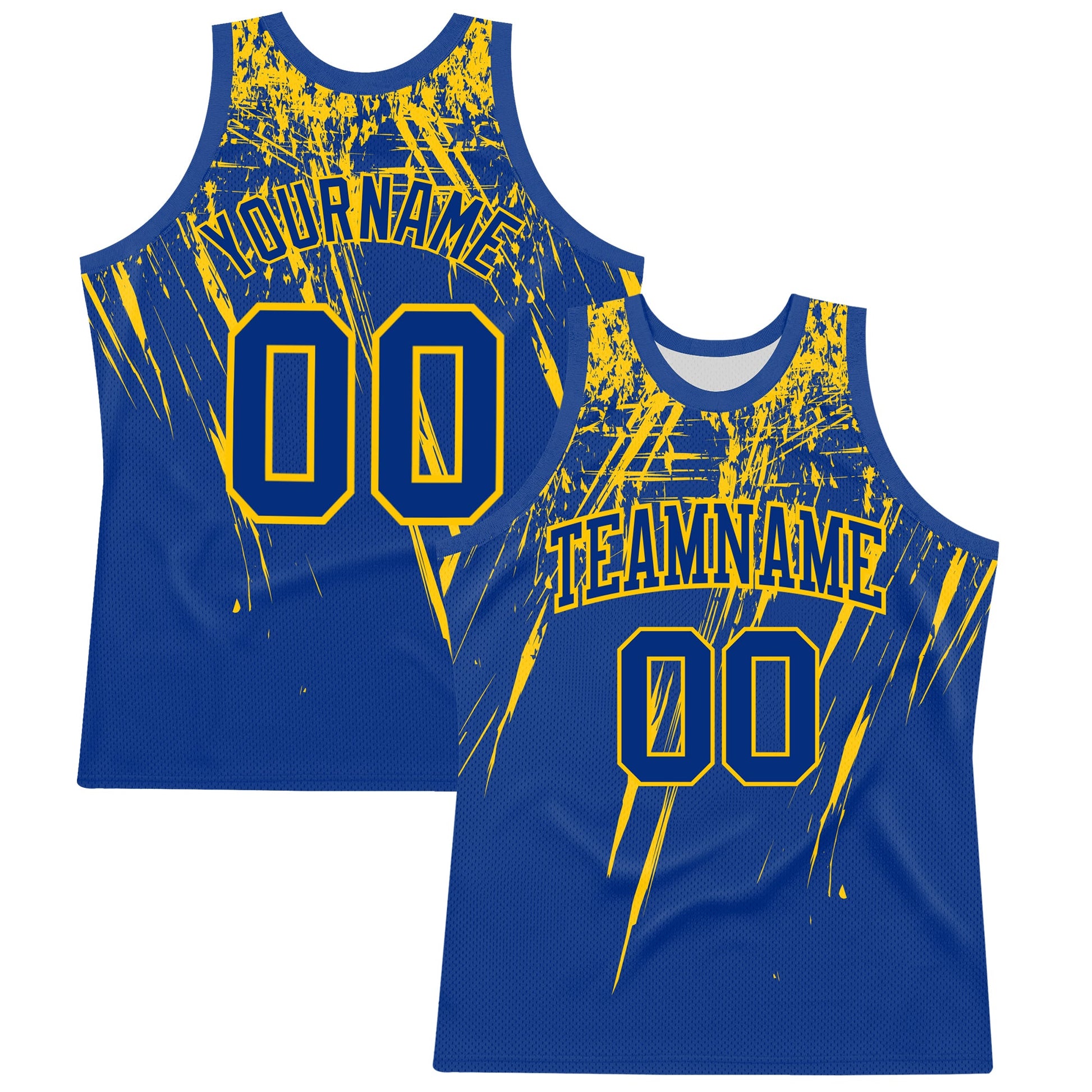 Custom Royal Yellow Splash Round Neck Sublimation Basketball Set Jersey - Main View