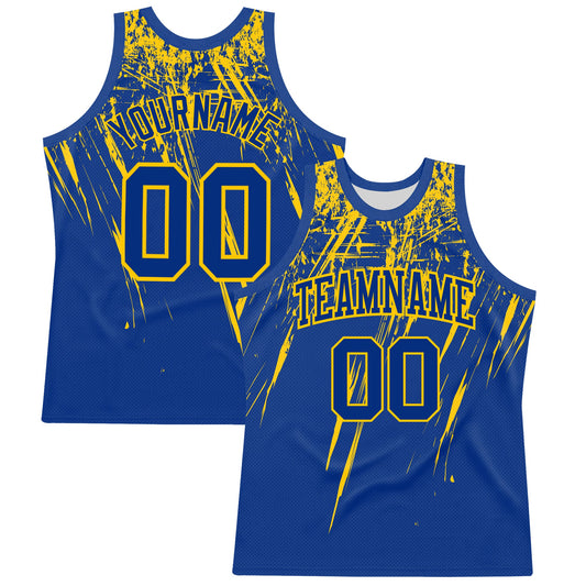 Custom Royal Yellow Splash Round Neck Sublimation Basketball Set Jersey - Main View