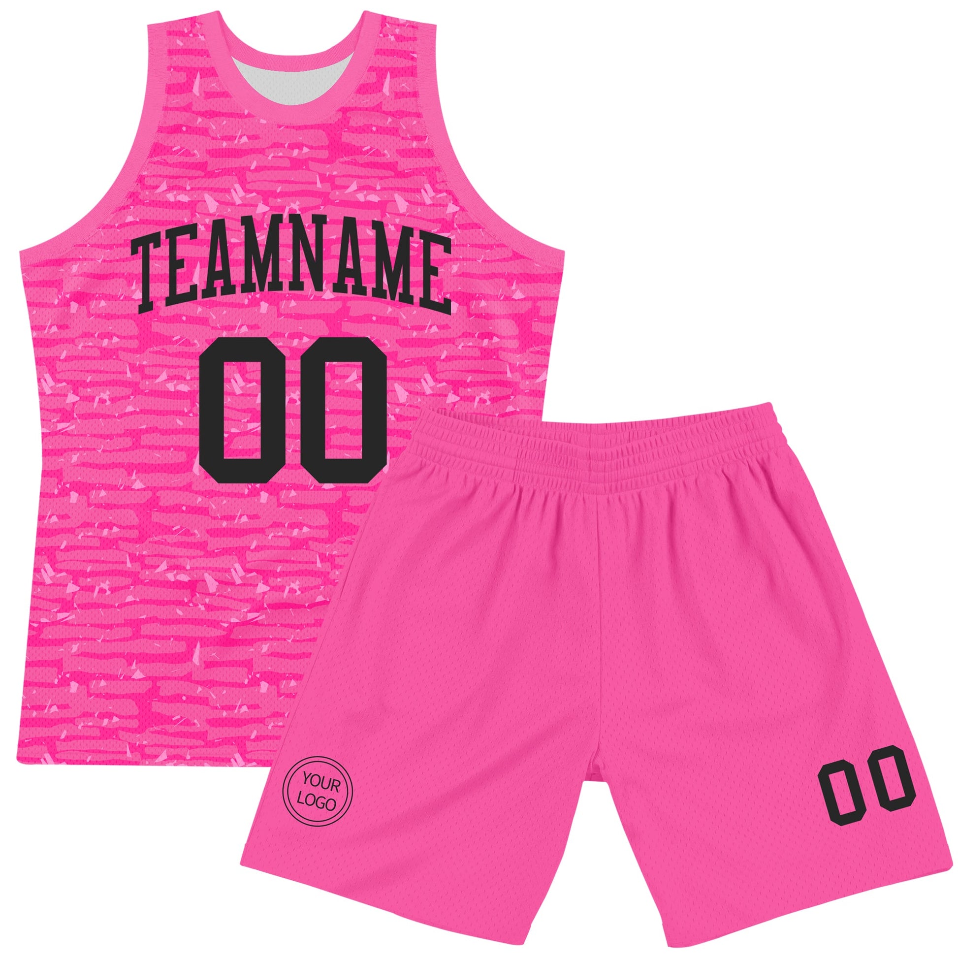 Custom Pink Black Fragment Art Round Neck Sublimation Basketball Set Jersey view 2