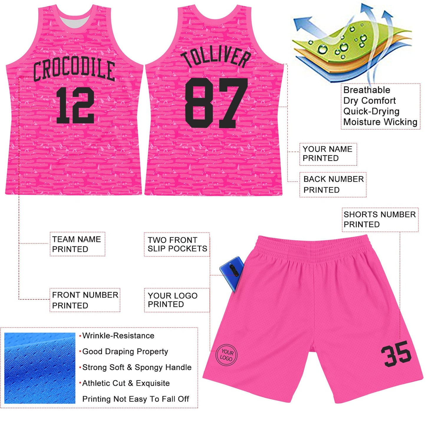Custom Pink Black Fragment Art Round Neck Sublimation Basketball Set Jersey view 3