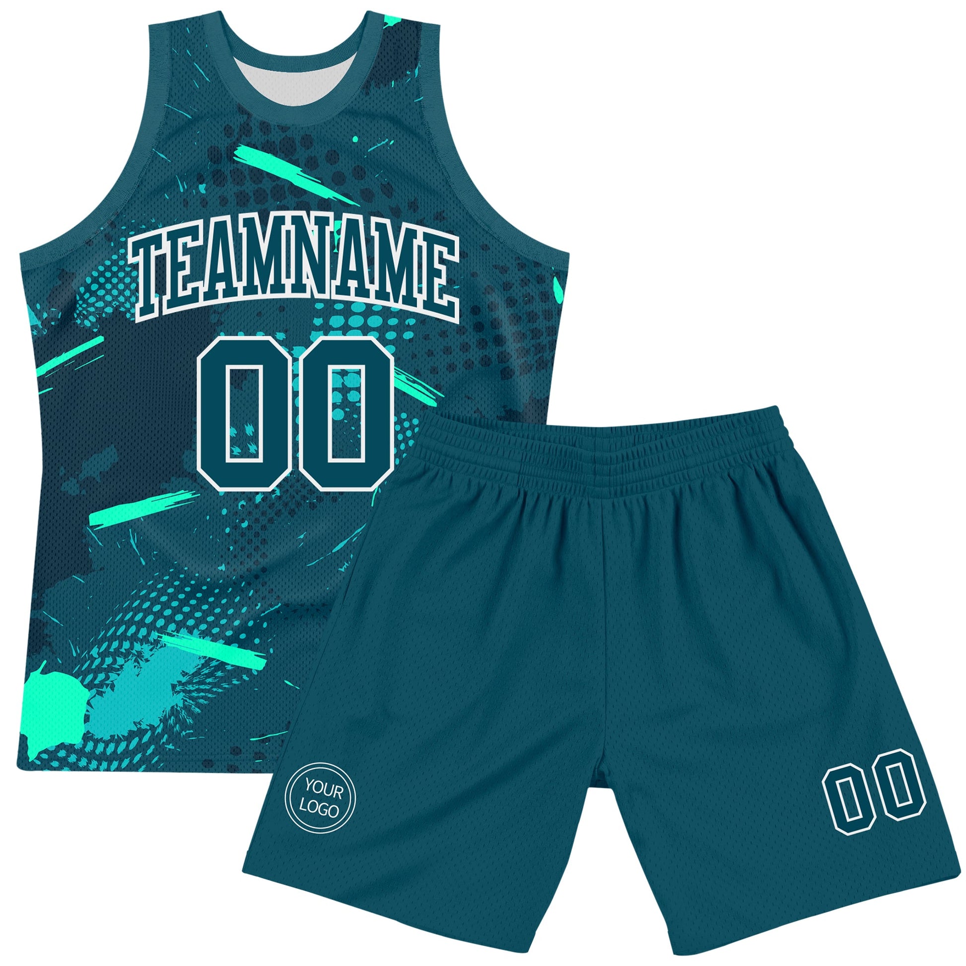 Custom Green Aqua-White Splash Round Neck Sublimation Basketball Set Jersey view 2