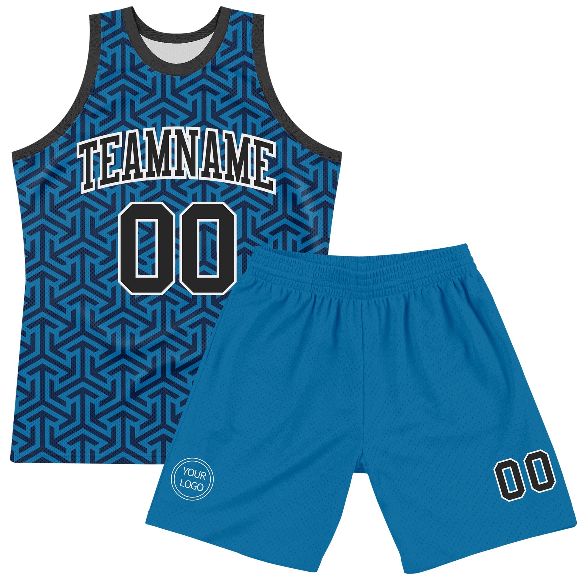 Custom Blue Black-White Arrow Shape Round Neck Sublimation Basketball Set Jersey view 2