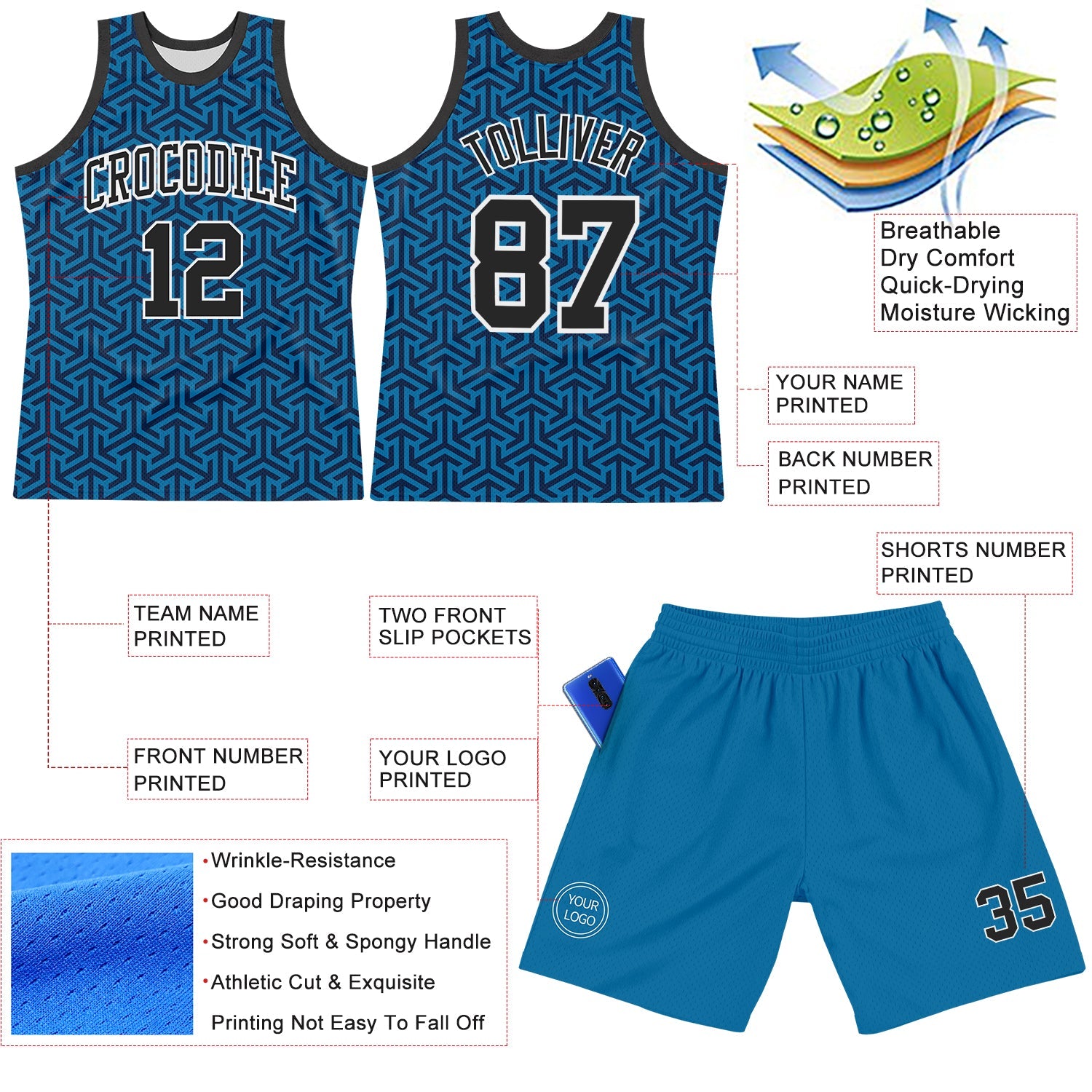 Custom Blue Black-White Arrow Shape Round Neck Sublimation Basketball Set Jersey view 3