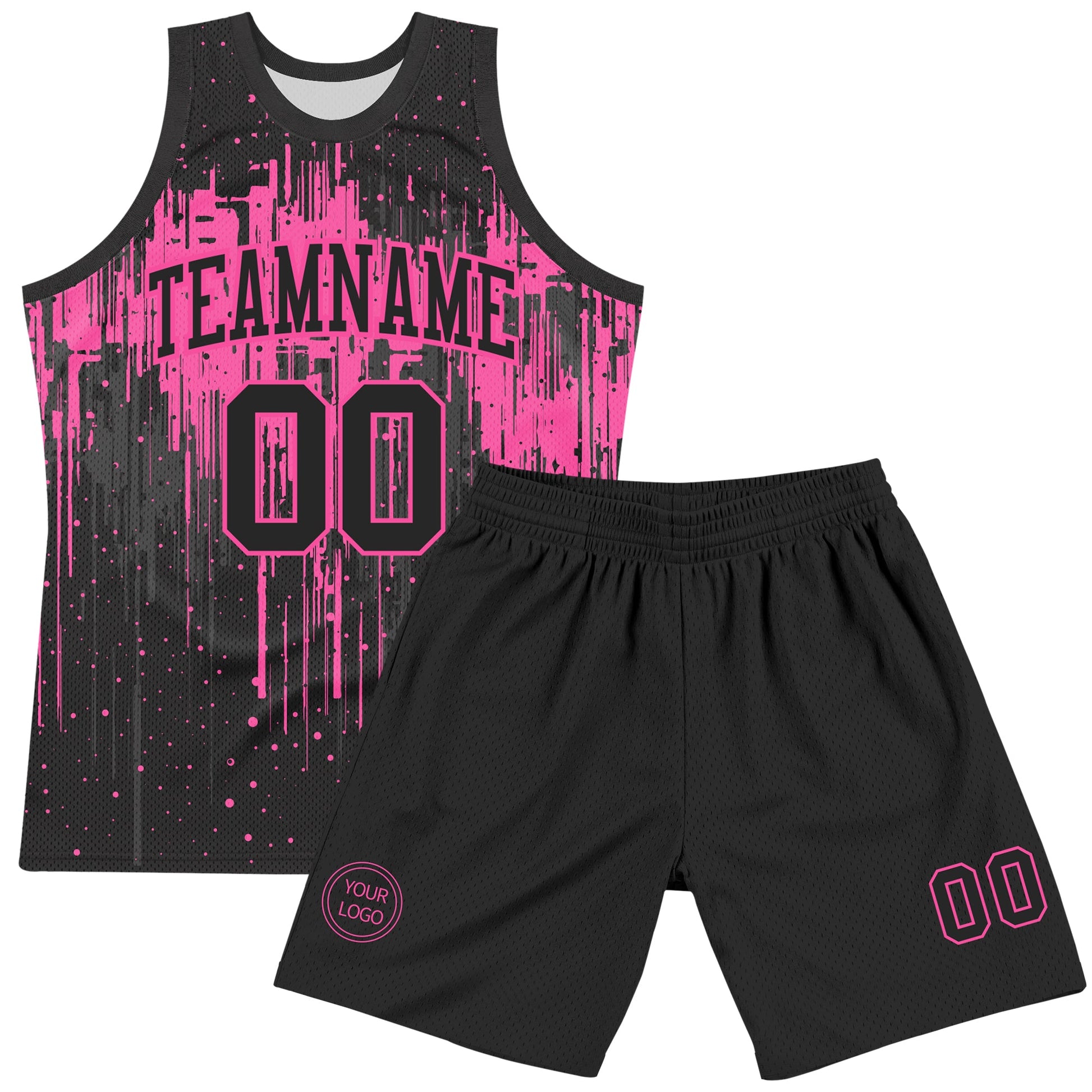 Custom Black Pink Dripping Splatter Art Round Neck Sublimation Basketball Set Jersey view 2