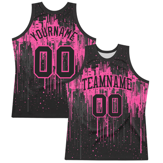 Custom Black Pink Dripping Splatter Art Round Neck Sublimation Basketball Set Jersey - Main View