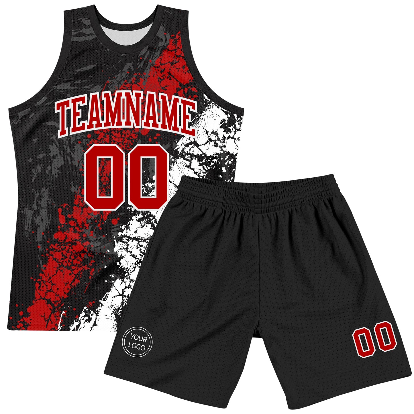 Custom Black Red-White Splash Round Neck Sublimation Basketball Set Jersey view 2