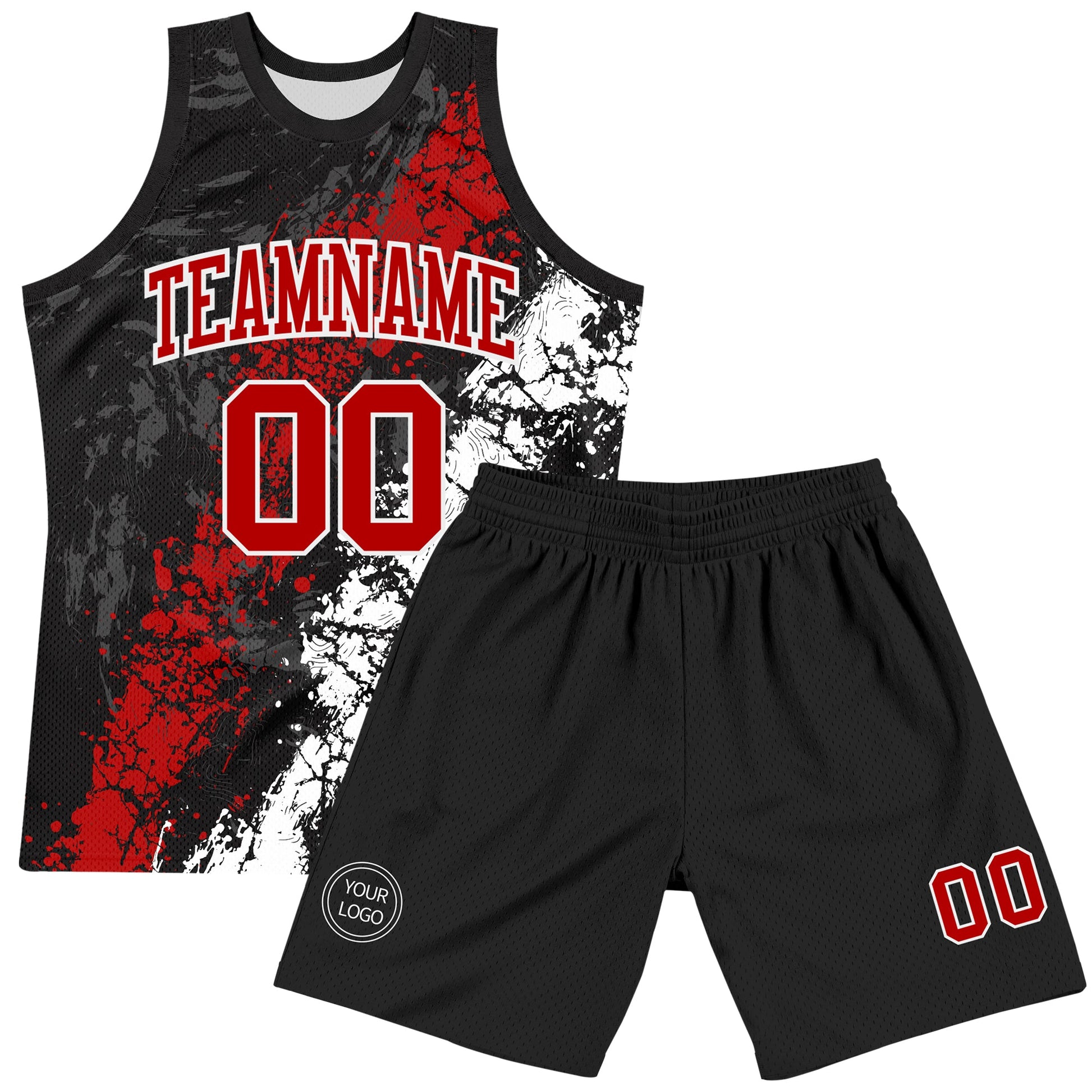 Custom Black Red-White Splash Round Neck Sublimation Basketball Set Jersey view 2