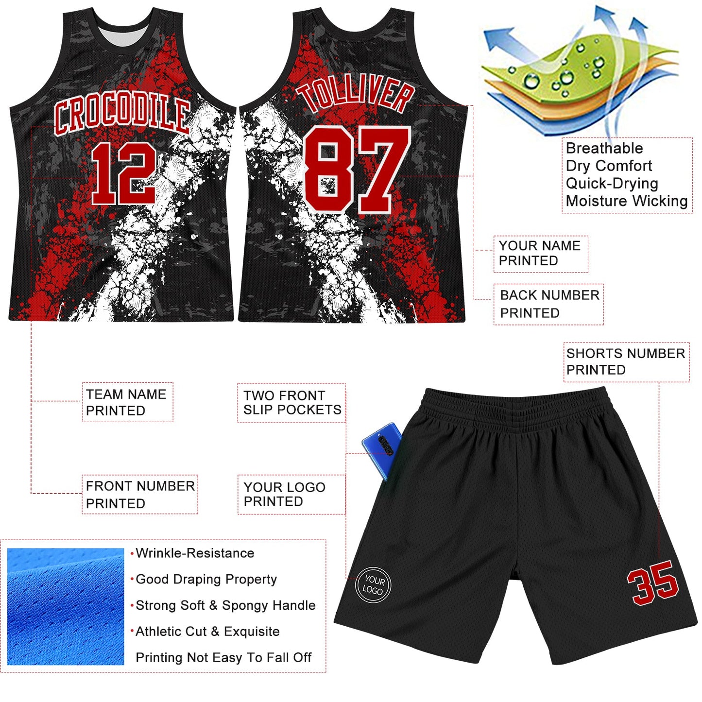 Custom Black Red-White Splash Round Neck Sublimation Basketball Set Jersey view 3