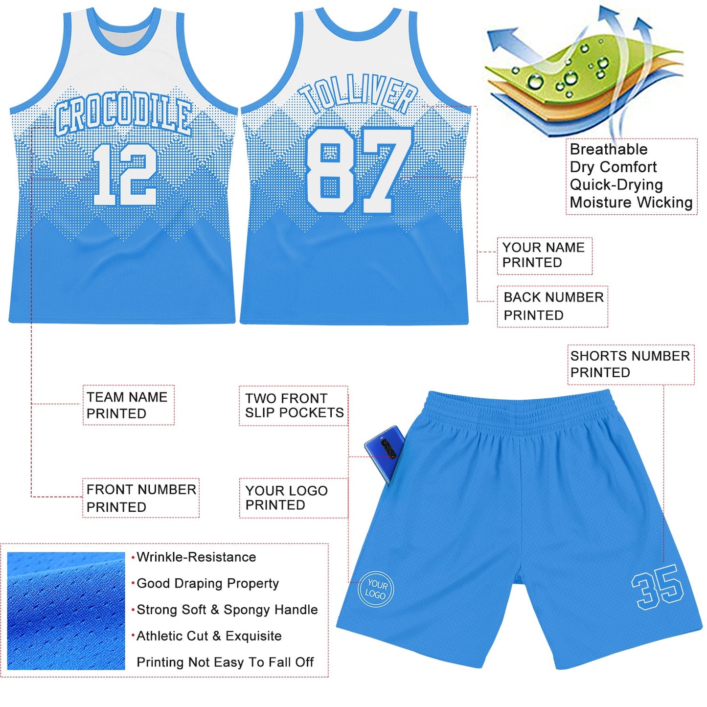 Custom White Powder Blue Gradient Square Shapes Round Neck Sublimation Basketball Set Jersey view 3