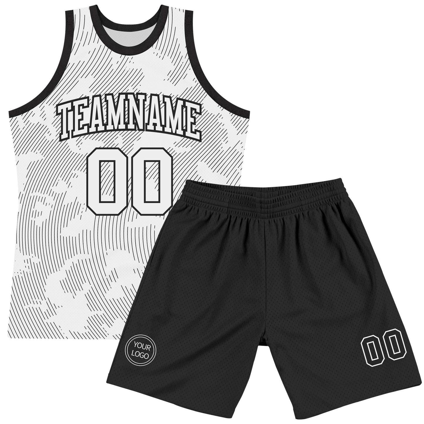 Custom White Black Curve Lines Round Neck Sublimation Basketball Set Jersey view 2
