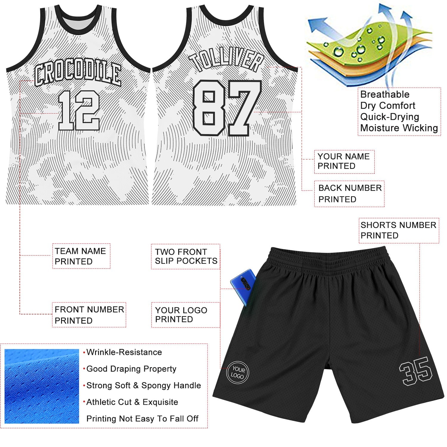 Custom White Black Curve Lines Round Neck Sublimation Basketball Set Jersey view 3