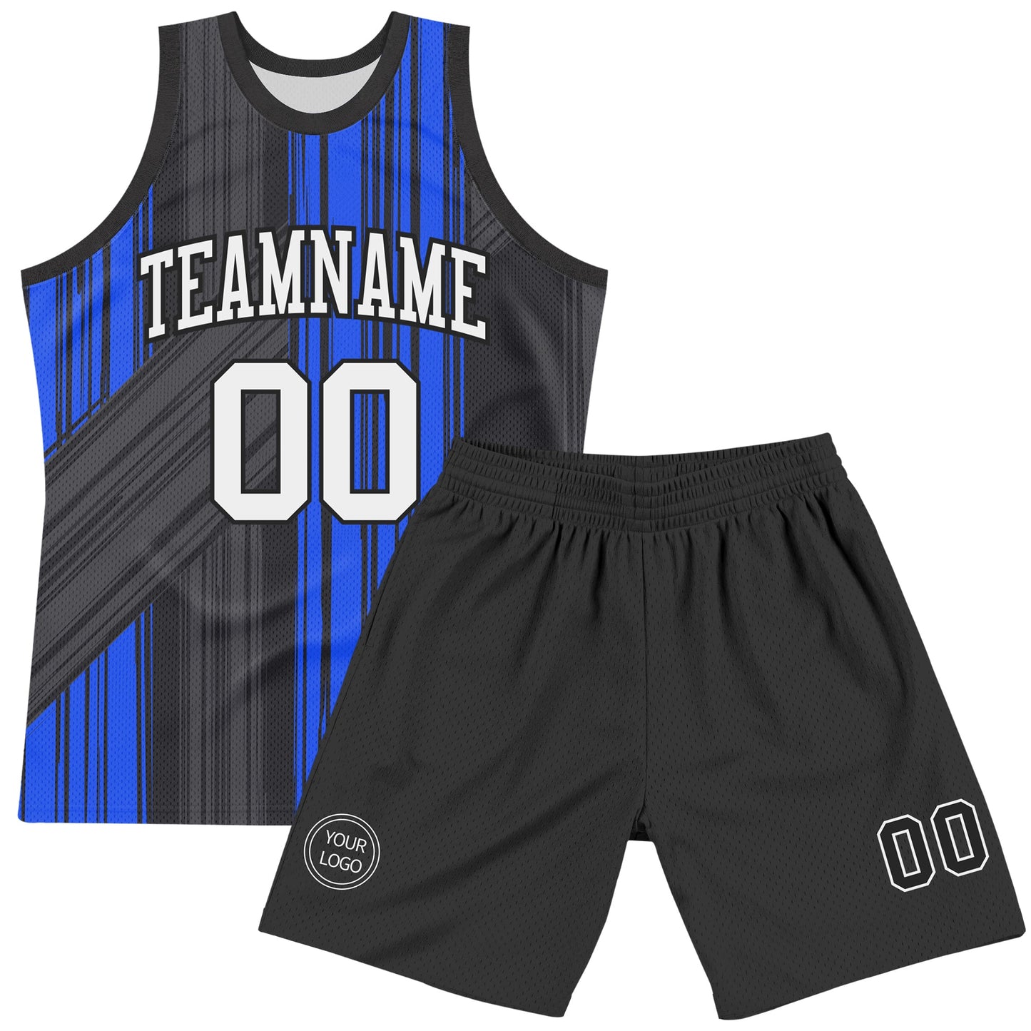 Custom Black White-Royal Line Round Neck Sublimation Basketball Set Jersey view 2