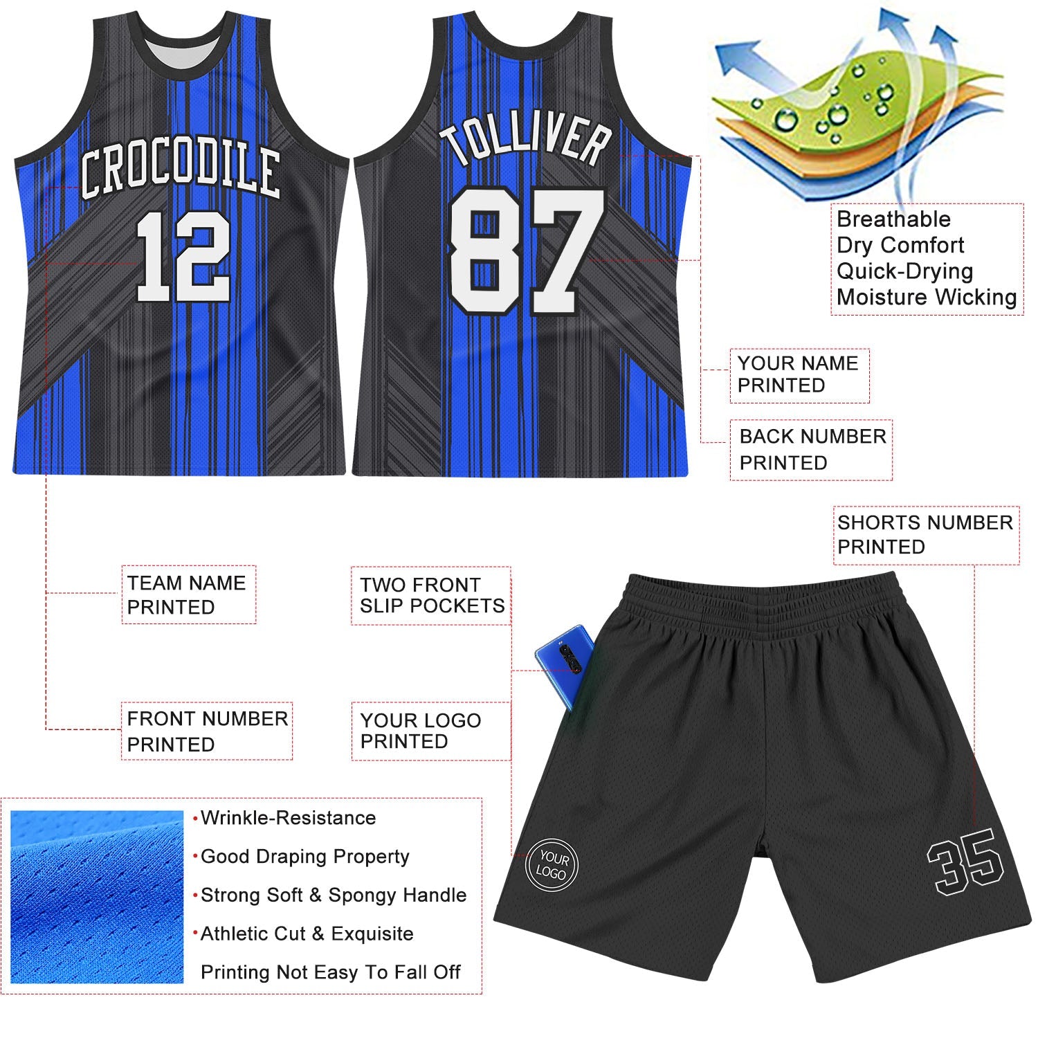 Custom Black White-Royal Line Round Neck Sublimation Basketball Set Jersey view 3