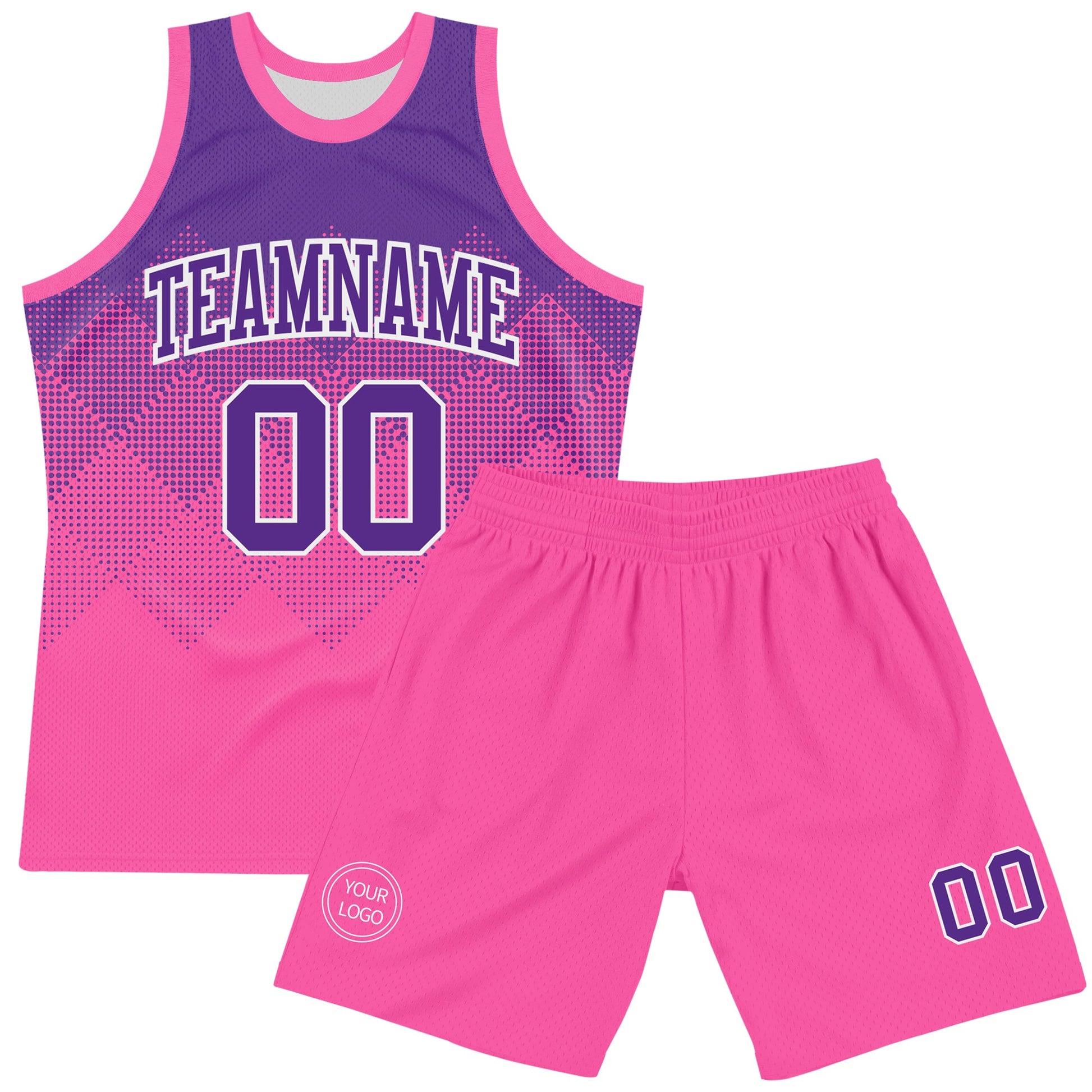 Custom Purple Pink-White Gradient Square Shapes Round Neck Sublimation Basketball Set Jersey view 2