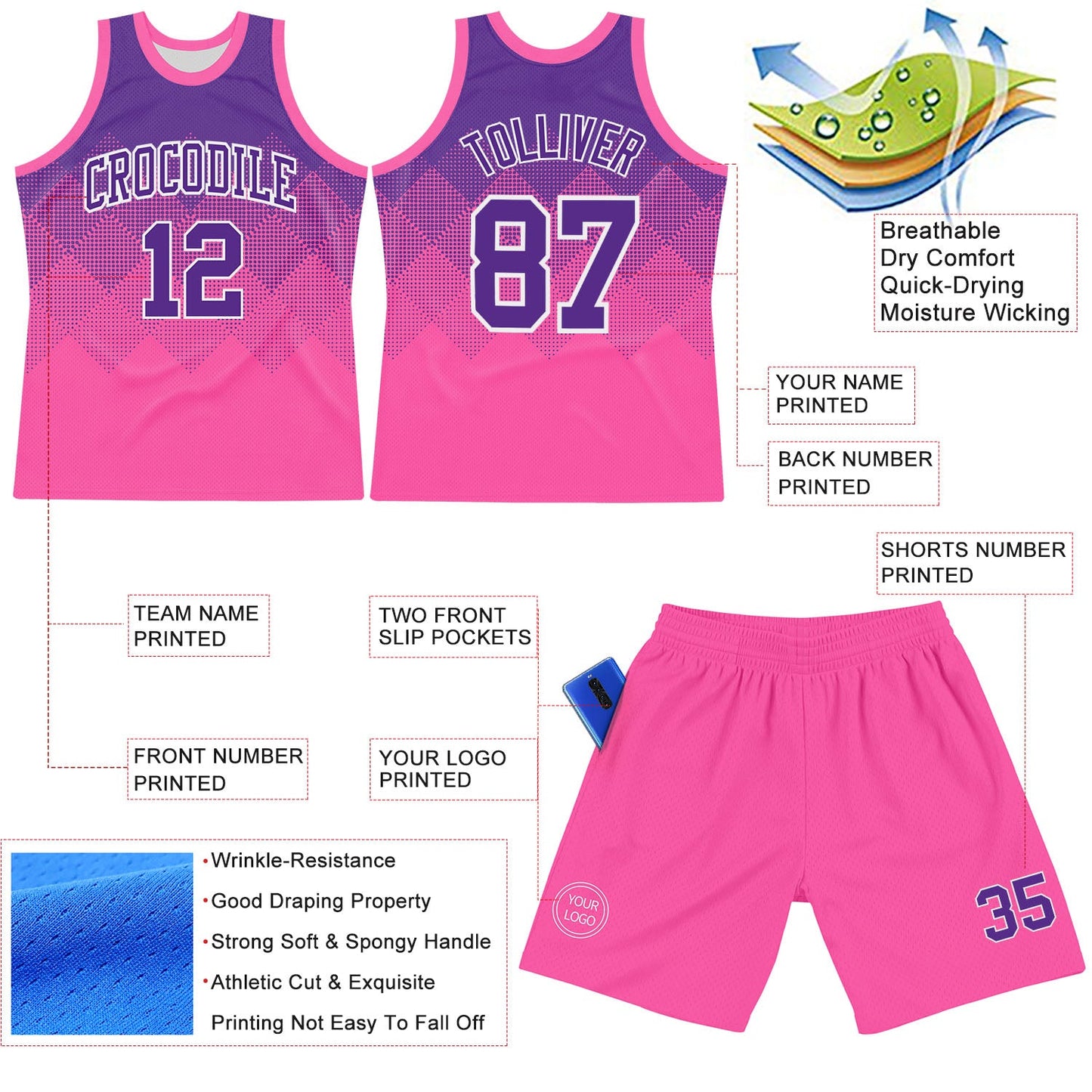 Custom Purple Pink-White Gradient Square Shapes Round Neck Sublimation Basketball Set Jersey view 3