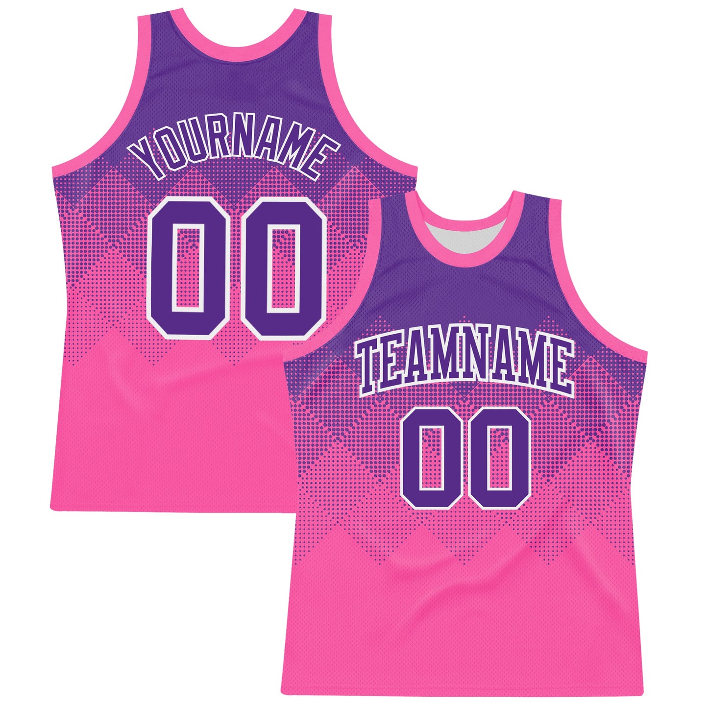 Custom Purple Pink-White Gradient Square Shapes Round Neck Sublimation Basketball Set Jersey - Main View