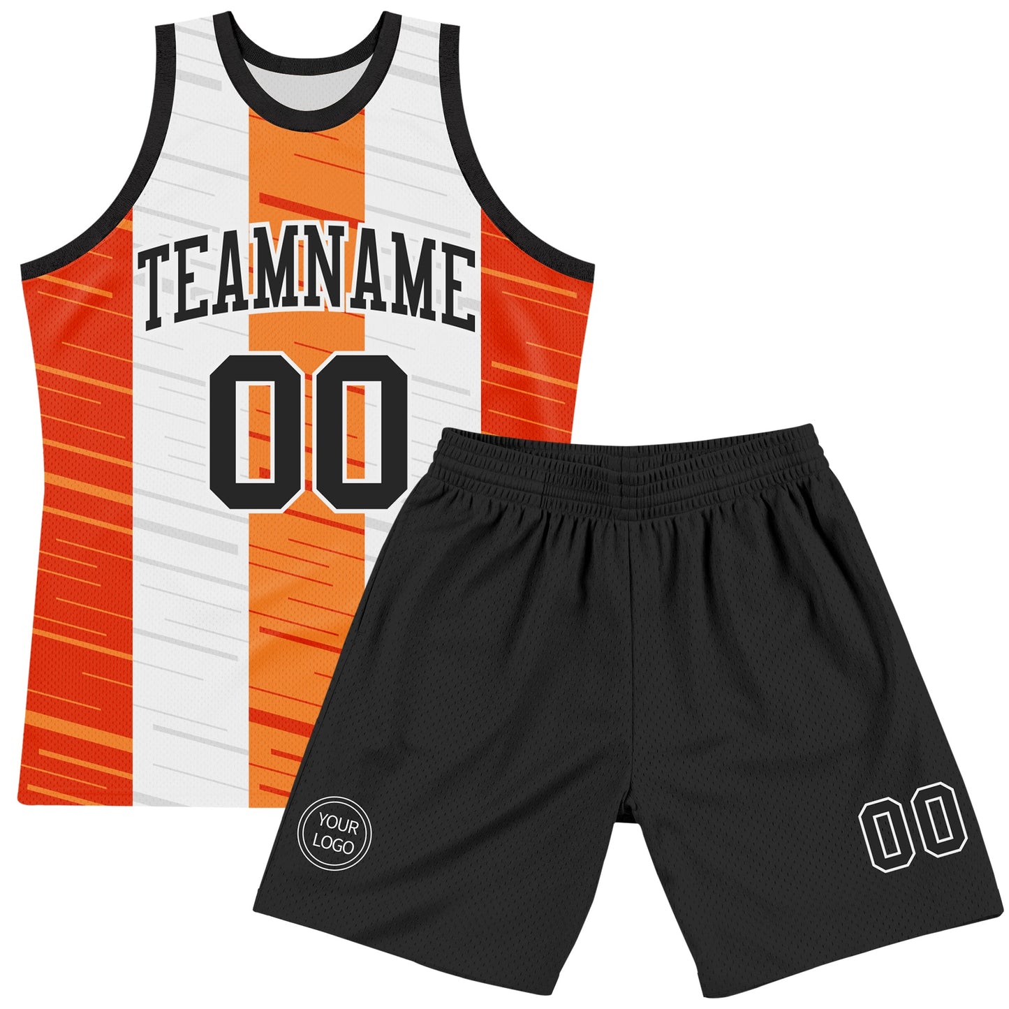 Custom White Black-Orange Line Round Neck Sublimation Basketball Set Jersey view 2