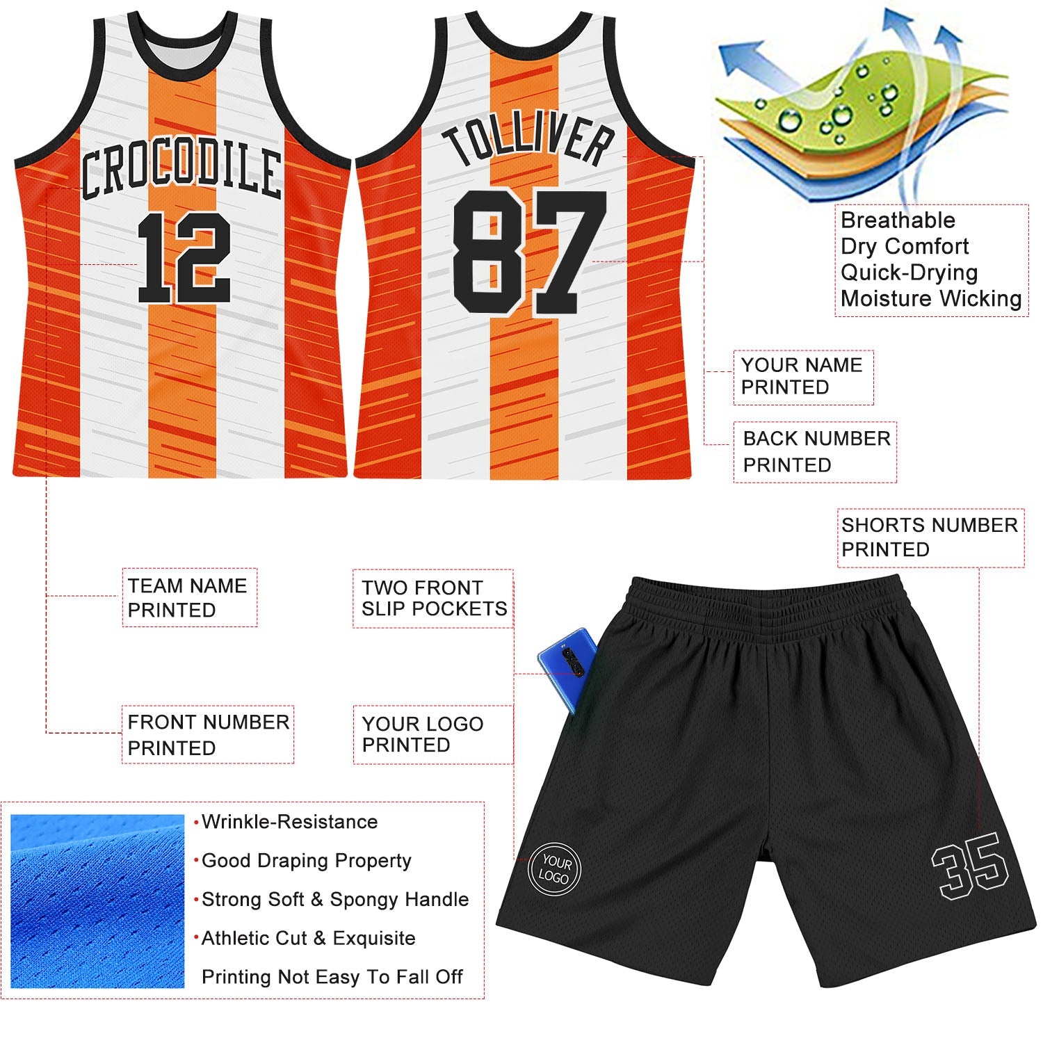 Custom White Black-Orange Line Round Neck Sublimation Basketball Set Jersey view 3
