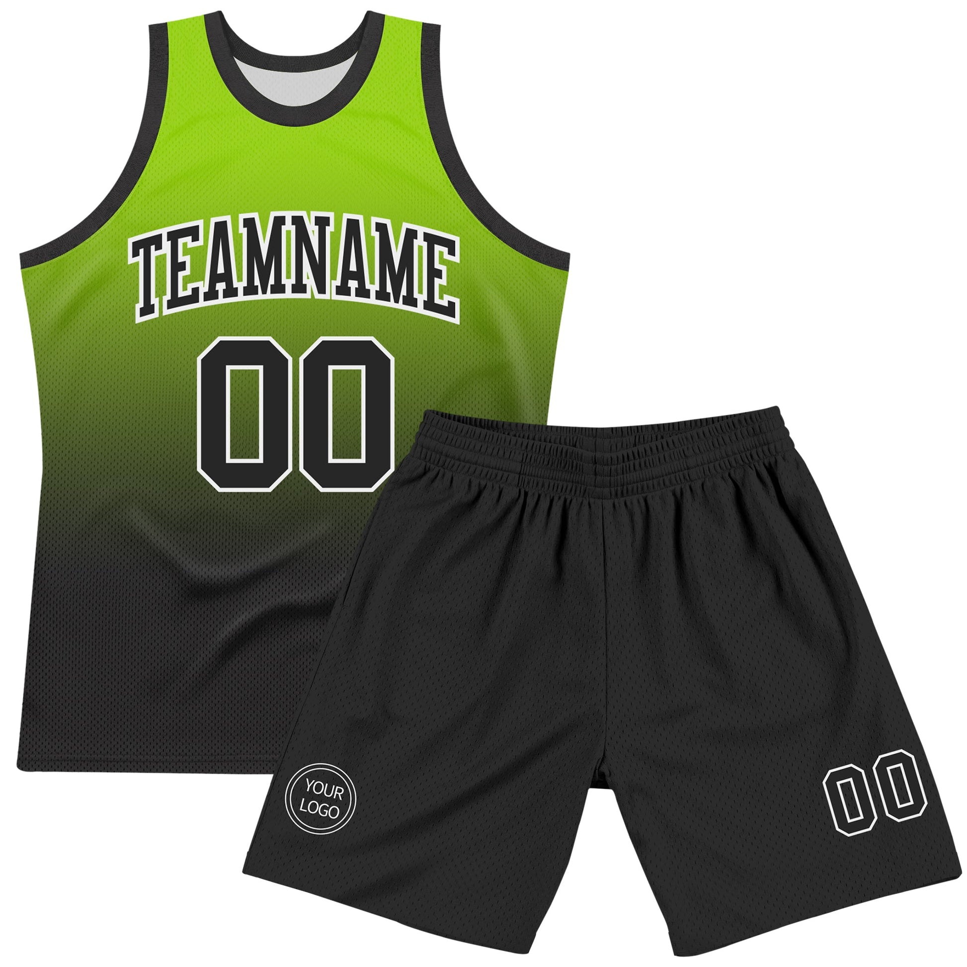 Custom Neon Green Black-White Fade Fashion Round Neck Sublimation Basketball Set Jersey view 2