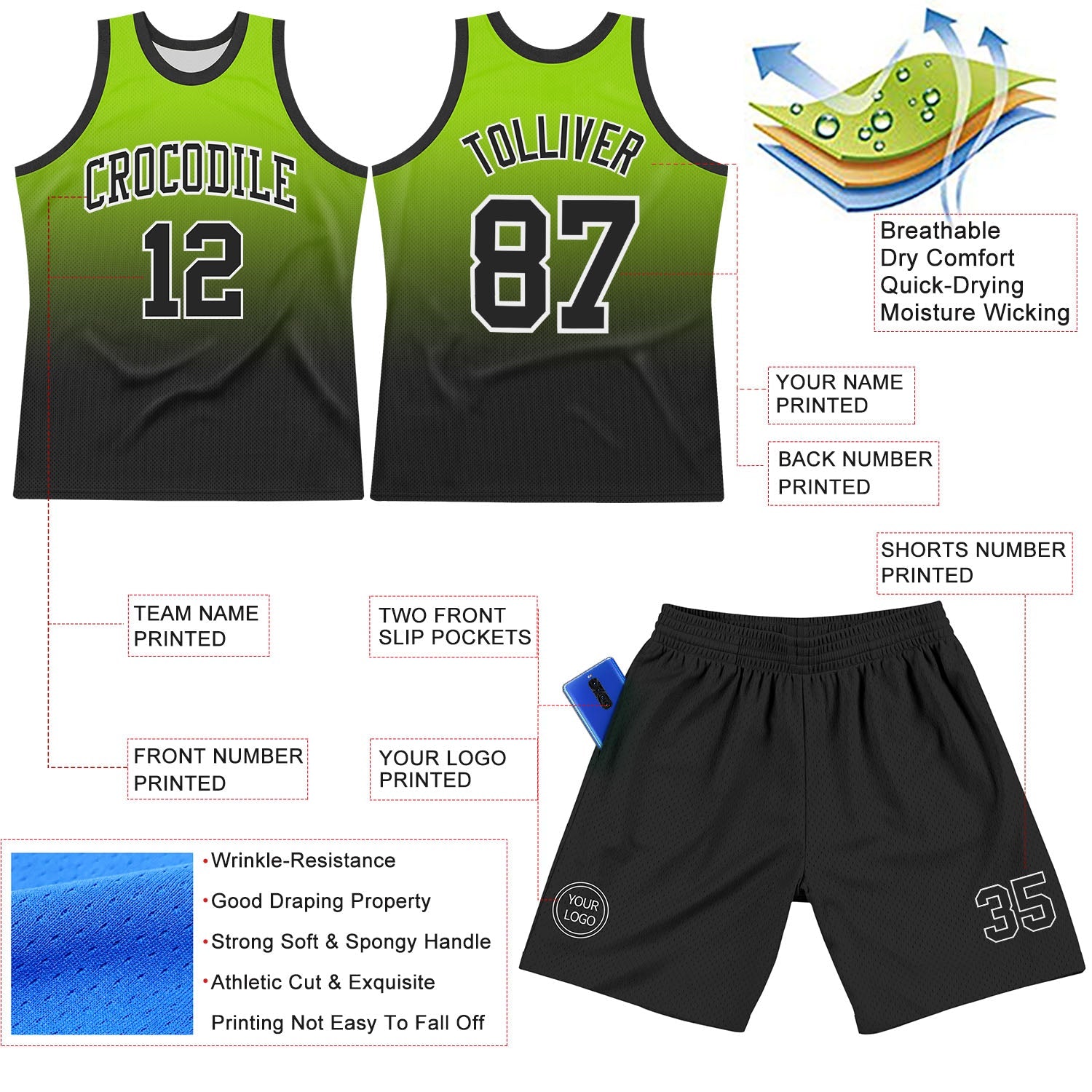 Custom Neon Green Black-White Fade Fashion Round Neck Sublimation Basketball Set Jersey view 3