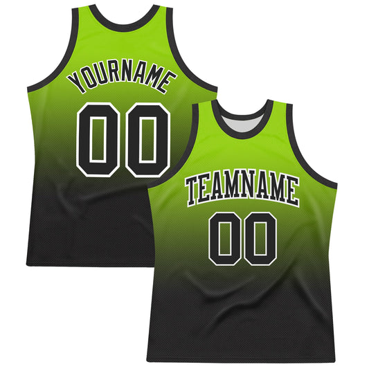 Custom Neon Green Black-White Fade Fashion Round Neck Sublimation Basketball Set Jersey - Main View