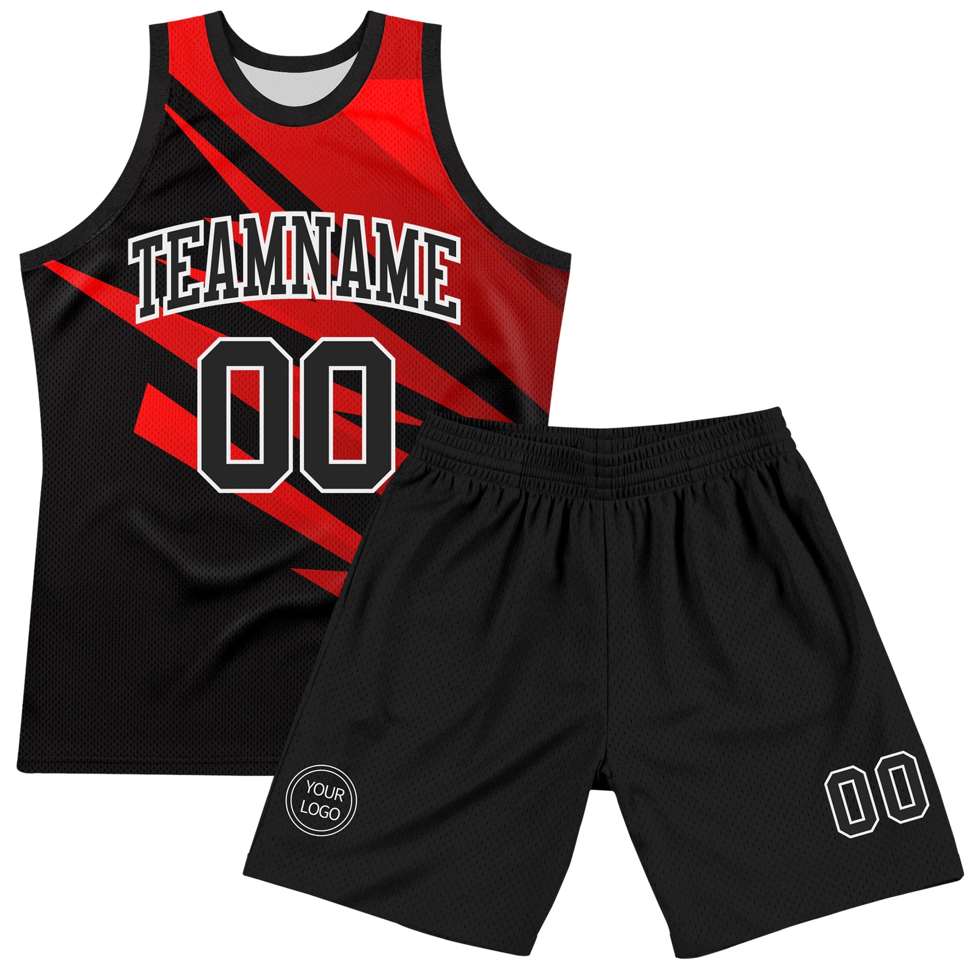 Custom Black Red-White Line Round Neck Sublimation Basketball Set Jersey view 2