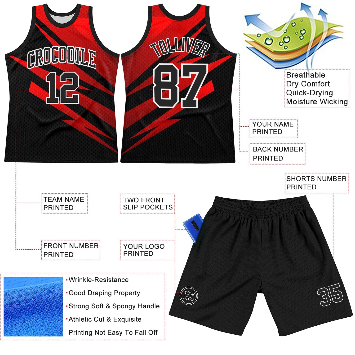 Custom Black Red-White Line Round Neck Sublimation Basketball Set Jersey view 3