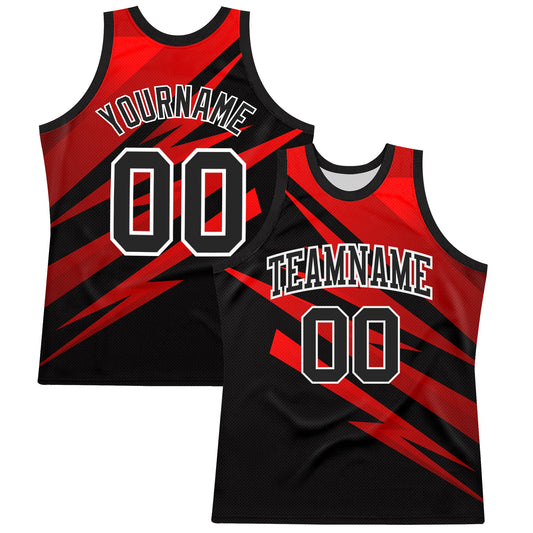 Custom Black Red-White Line Round Neck Sublimation Basketball Set Jersey - Main View