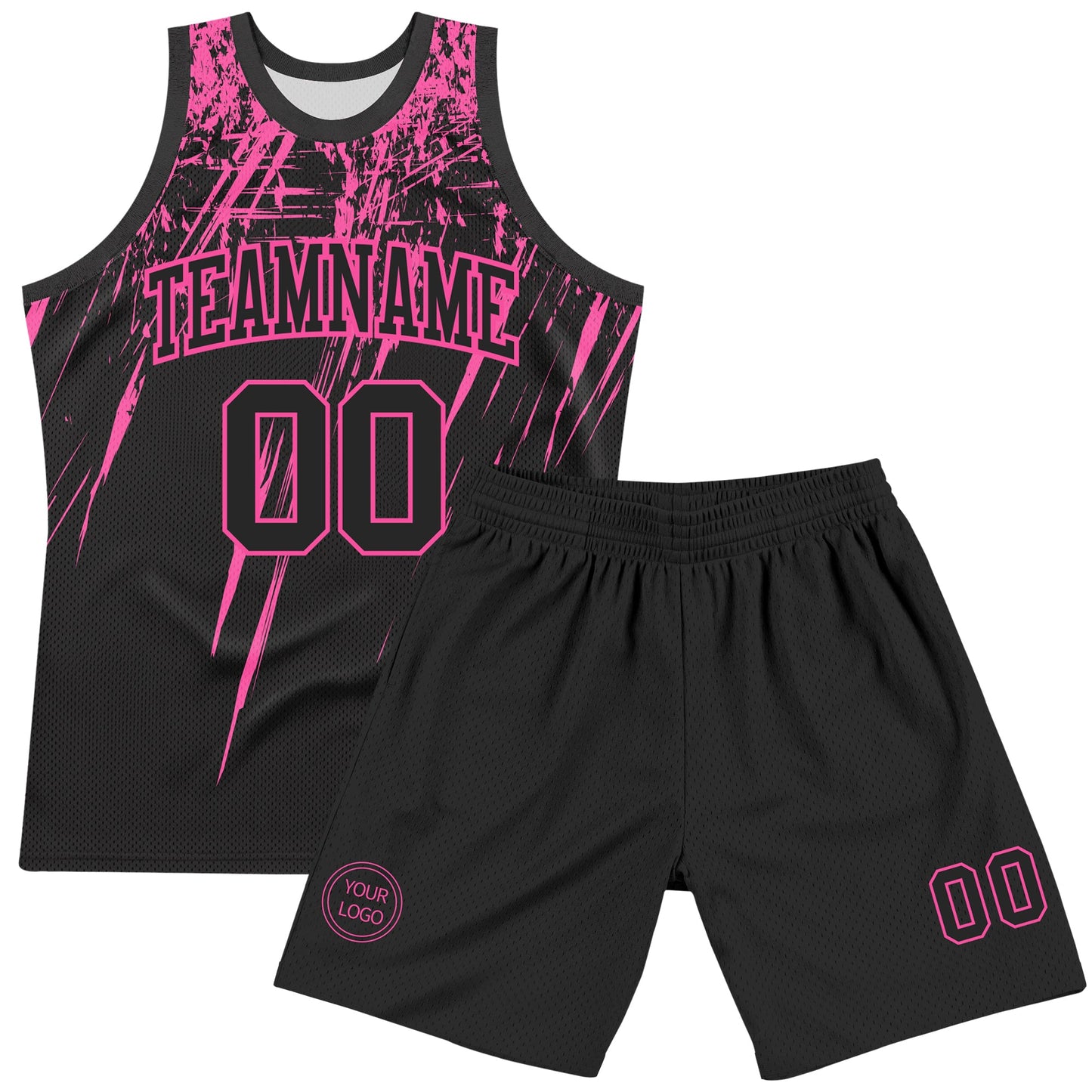 Custom Black Pink Splash Round Neck Sublimation Basketball Set Jersey view 2