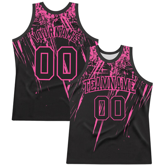 Custom Black Pink Splash Round Neck Sublimation Basketball Set Jersey - Main View