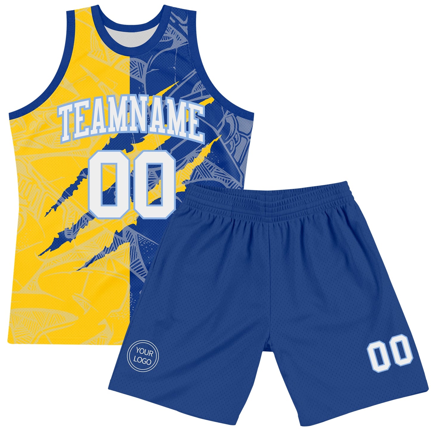 Custom Graffiti Pattern White Royal Yellow-Light Blue Scratch Round Neck Sublimation Basketball Set Jersey view 2